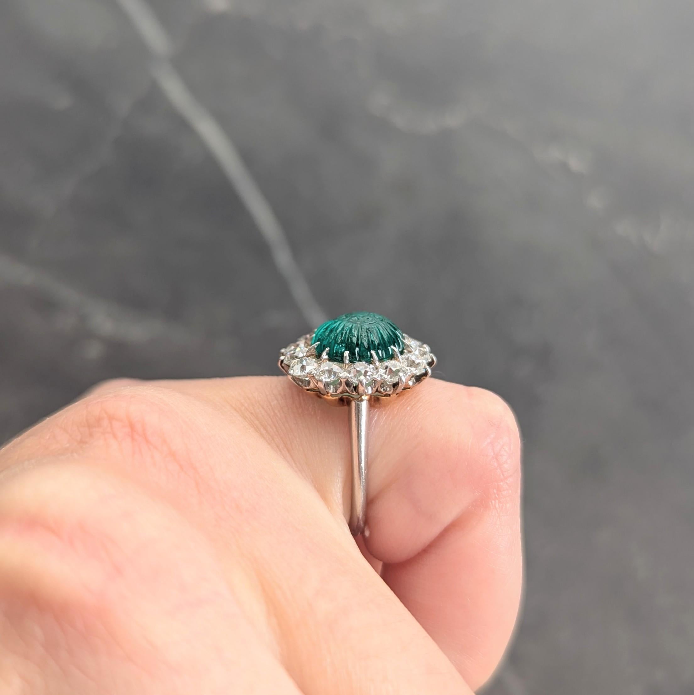 Art Deco Carved Mogul Emerald Diamond Platinum 18K Gold Antique Halo Ring