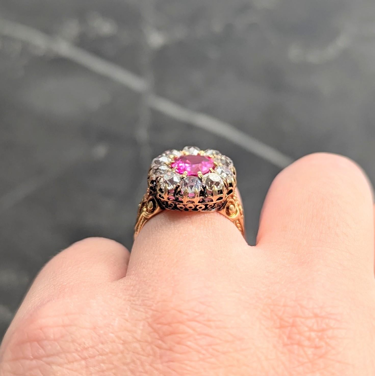 Victorian 1863 No Heat Burma Pink Sapphire Diamond 18K Gold Antique Halo Ring