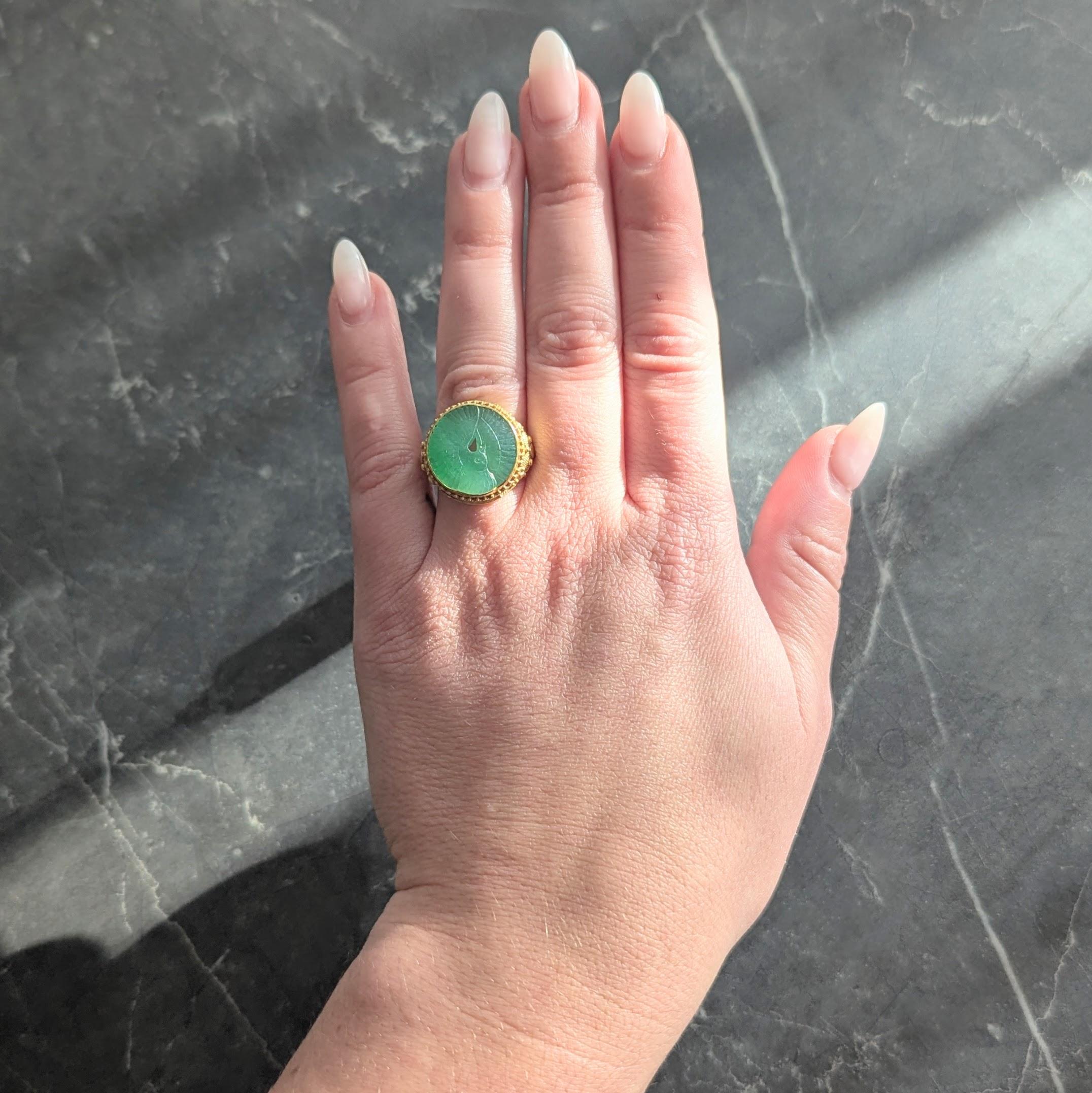 Etruscan Revival Victorian Jade 14K Gold Antique Granulated Crane Signet Ring