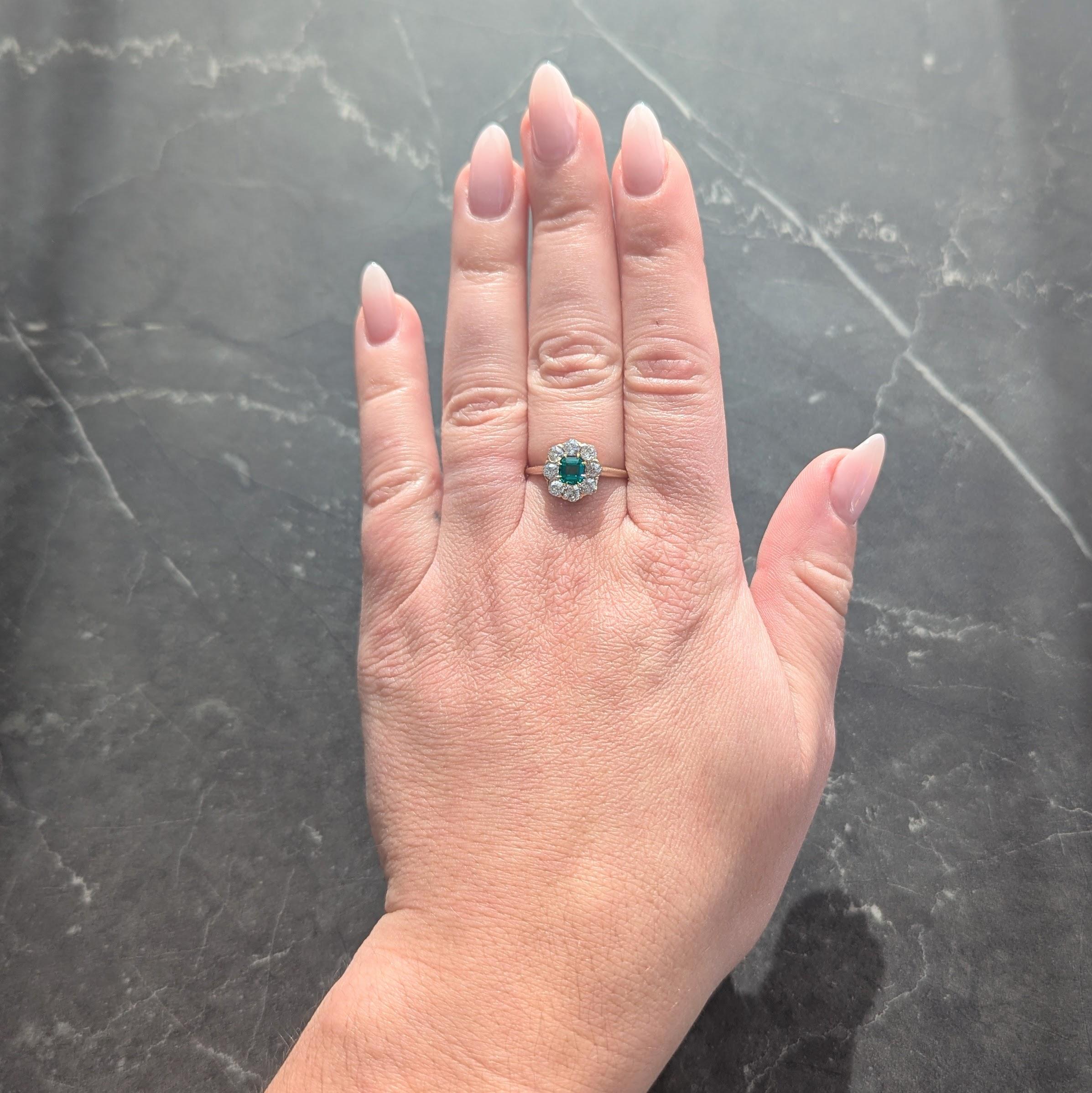 Victorian 1.23 CTW Emerald Diamond 14 Karat Yellow Gold Antique Halo Ring