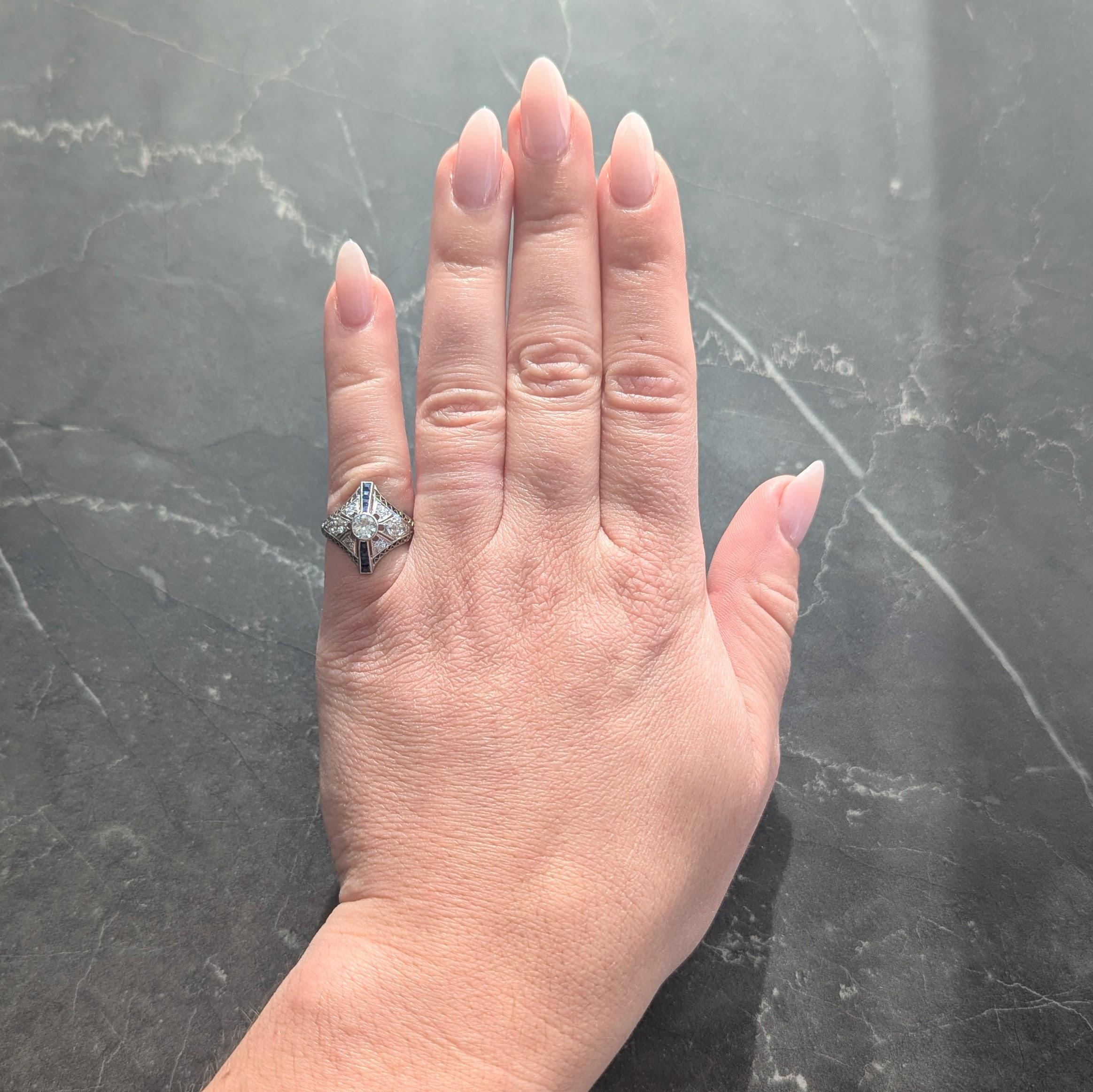 Art Deco 0.94 CTW Sapphire Diamond Platinum Vintage Zig-Zag Navette Dinner Ring