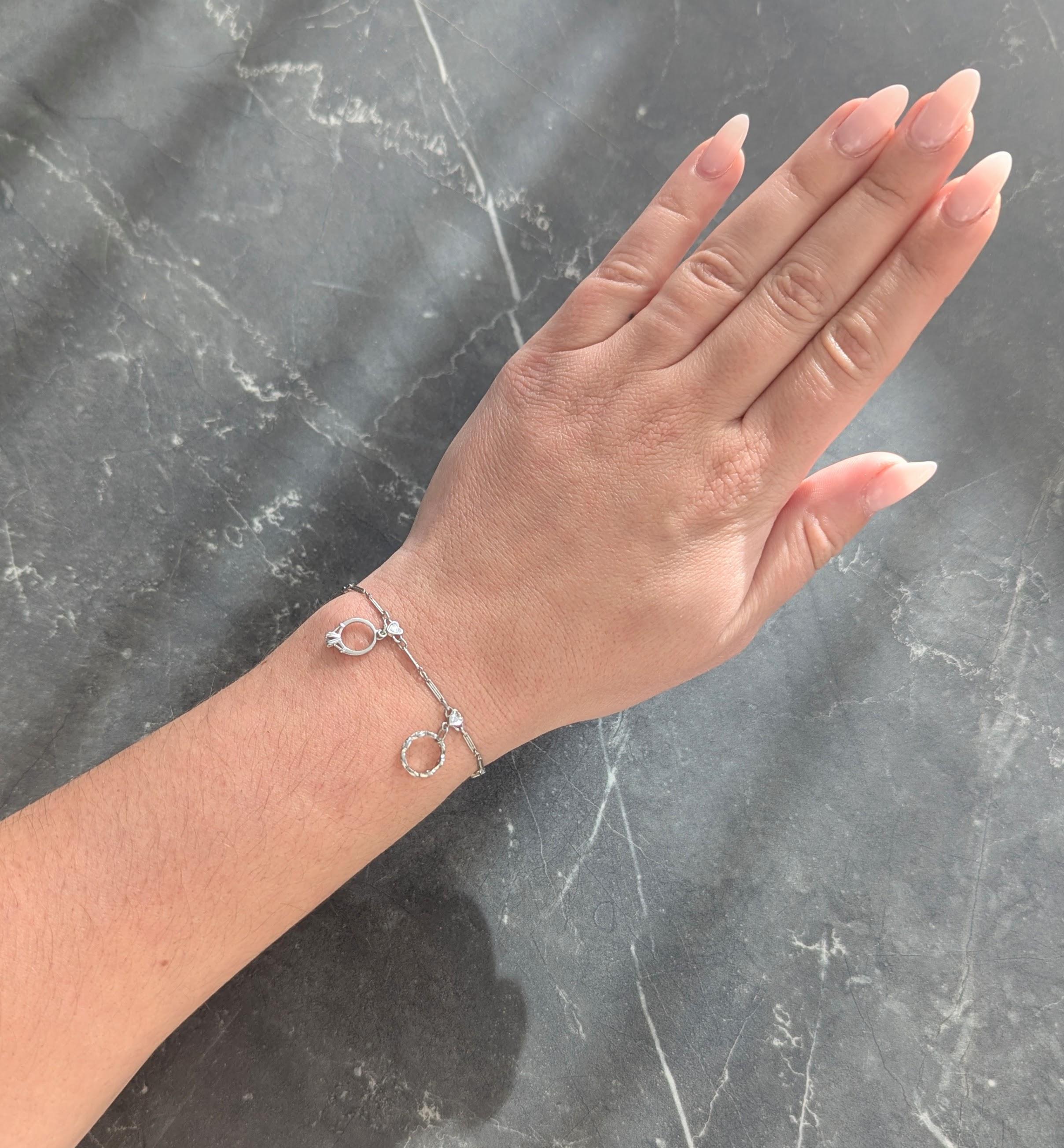 Art Deco Diamond Platinum 14K Gold Heart Wedding Engagement Charm Bracelet