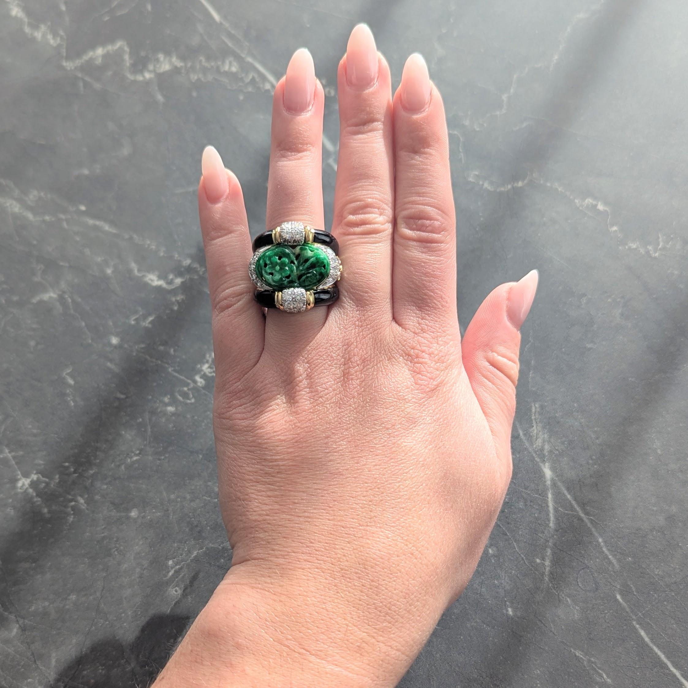 David Webb 1980's Jade Diamond Enamel Platinum 18K Gold Floral Vintage Band Ring