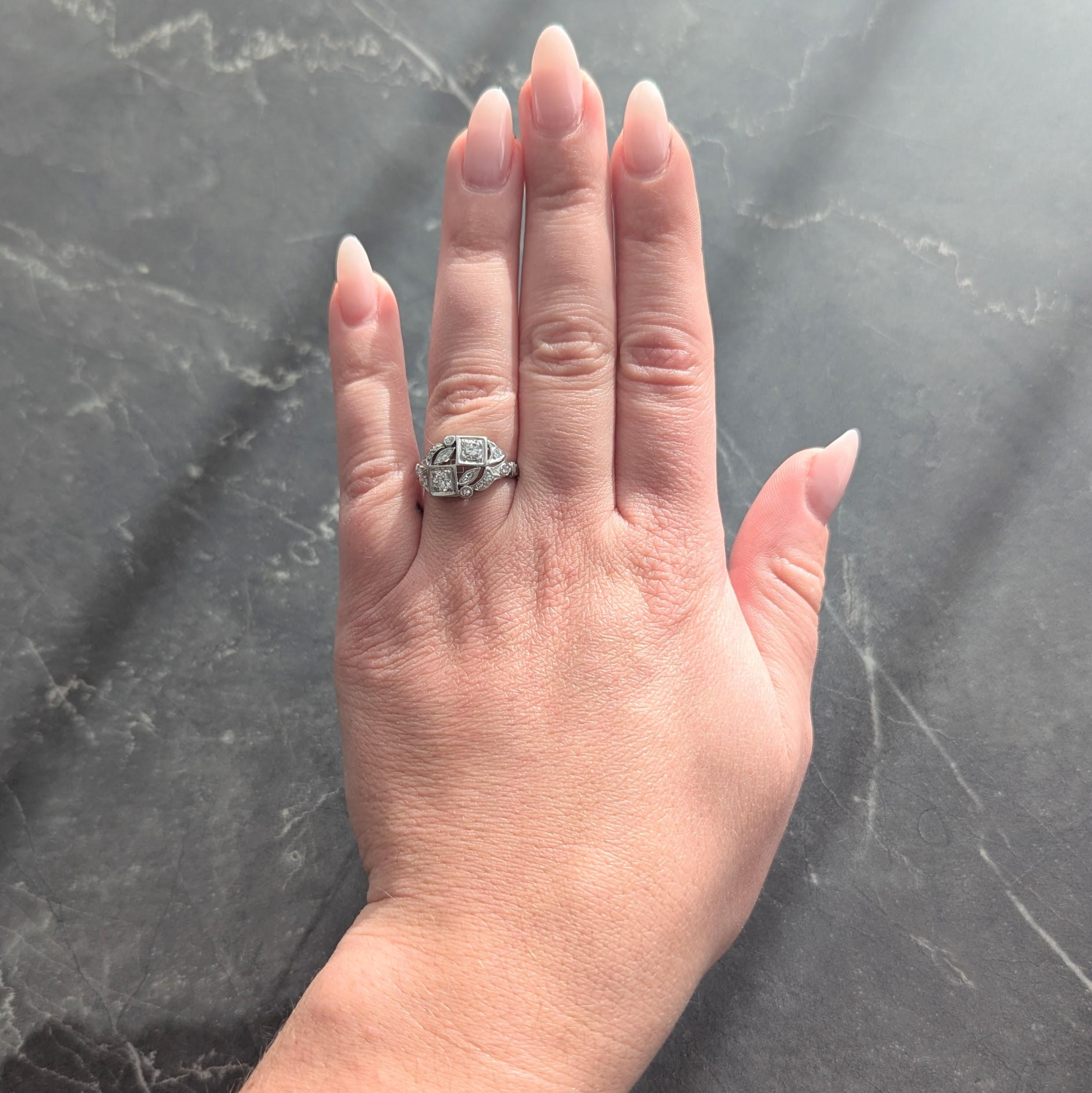 Art Deco Old European Cut Diamond Platinum Vintage Foliate Cluster Ring