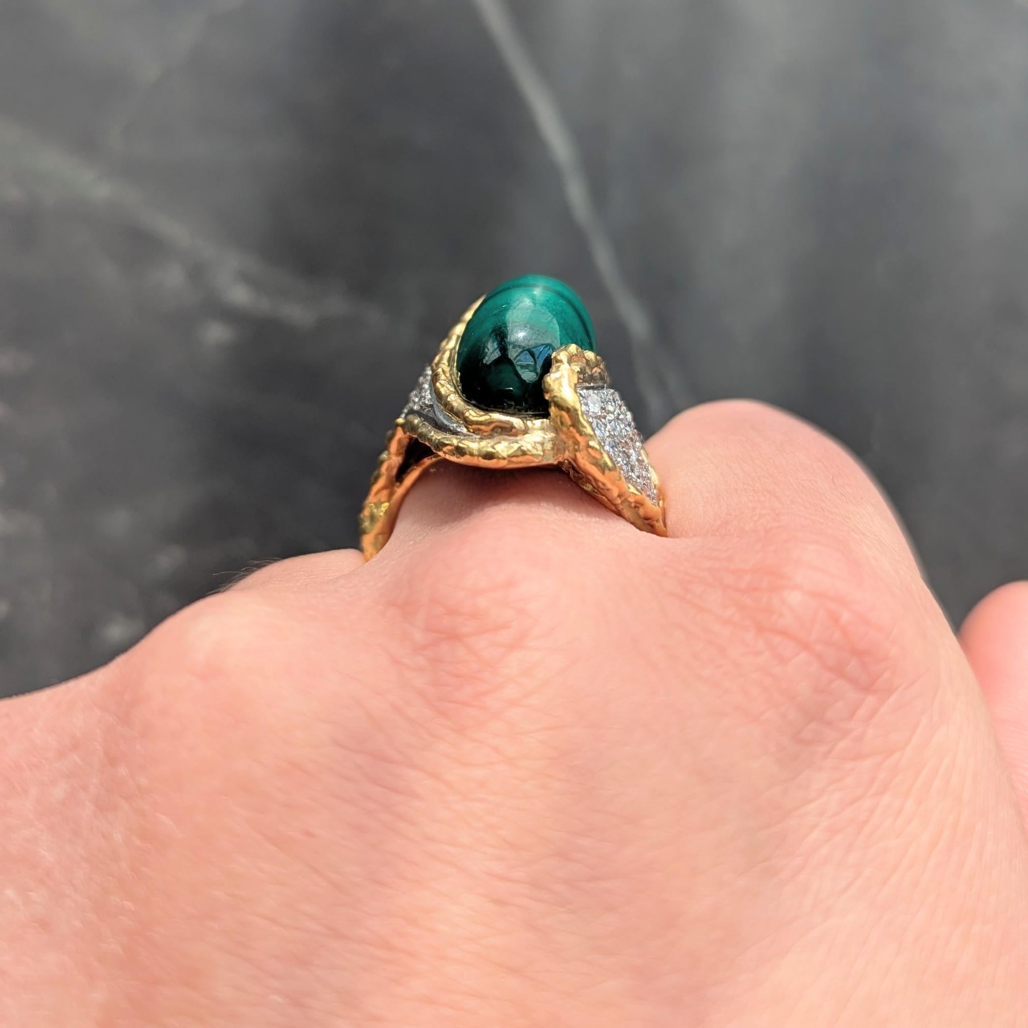 Chaumet French 1960's Malachite Diamond Platinum 18K Gold Vintage Brutalist Ring