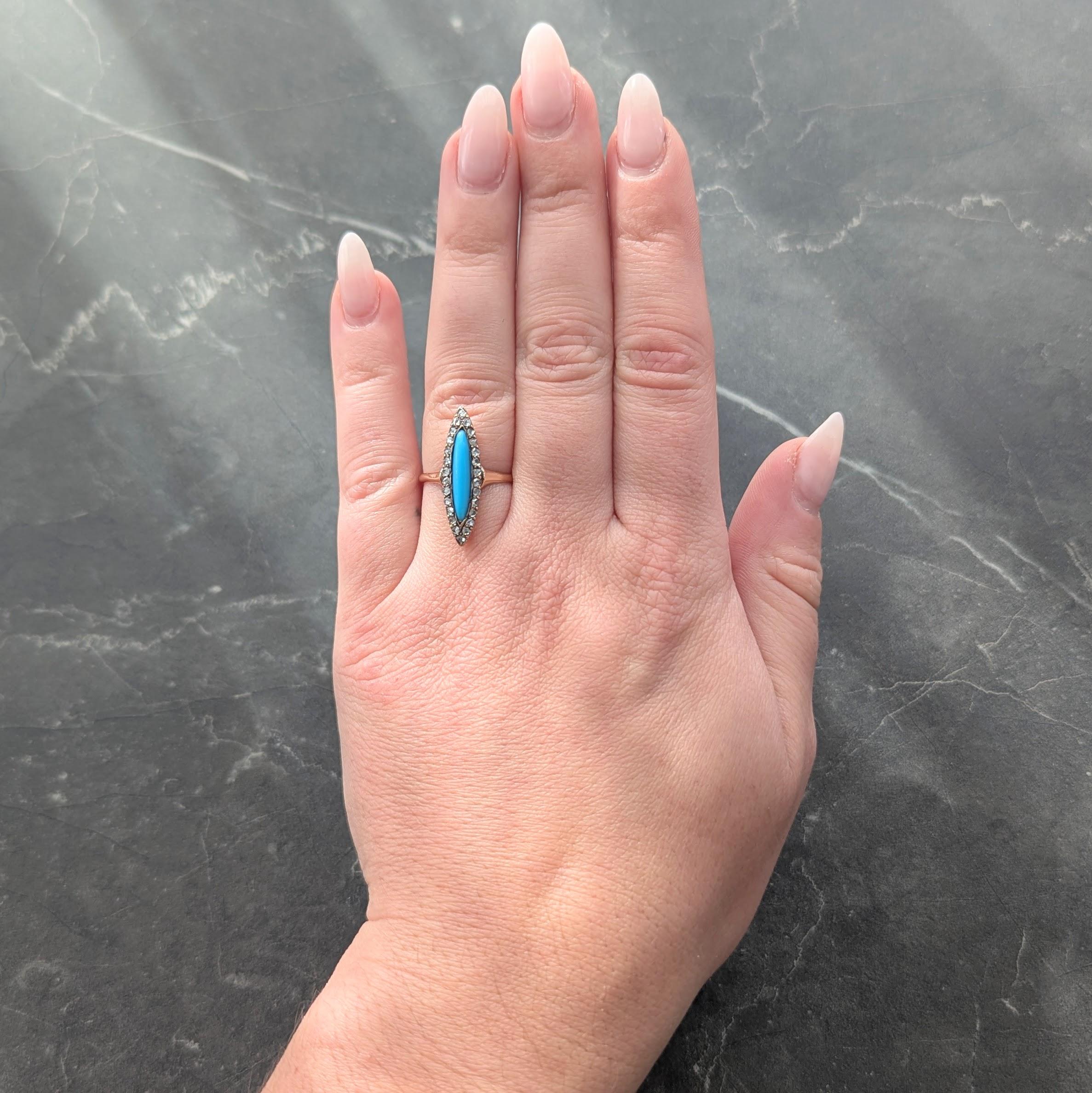 Victorian Turquoise Diamond 14 Karat Rose Gold Antique Navette Halo Ring