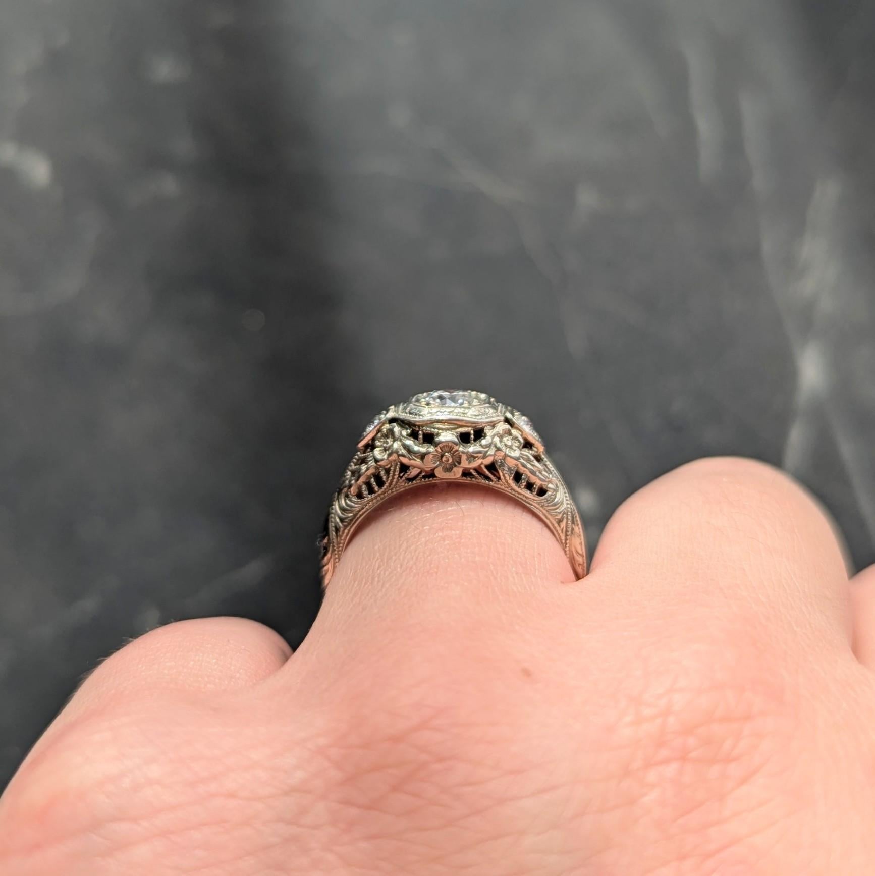 Art Deco Old European Diamond 18K White Gold Antique Heart Engagement Ring