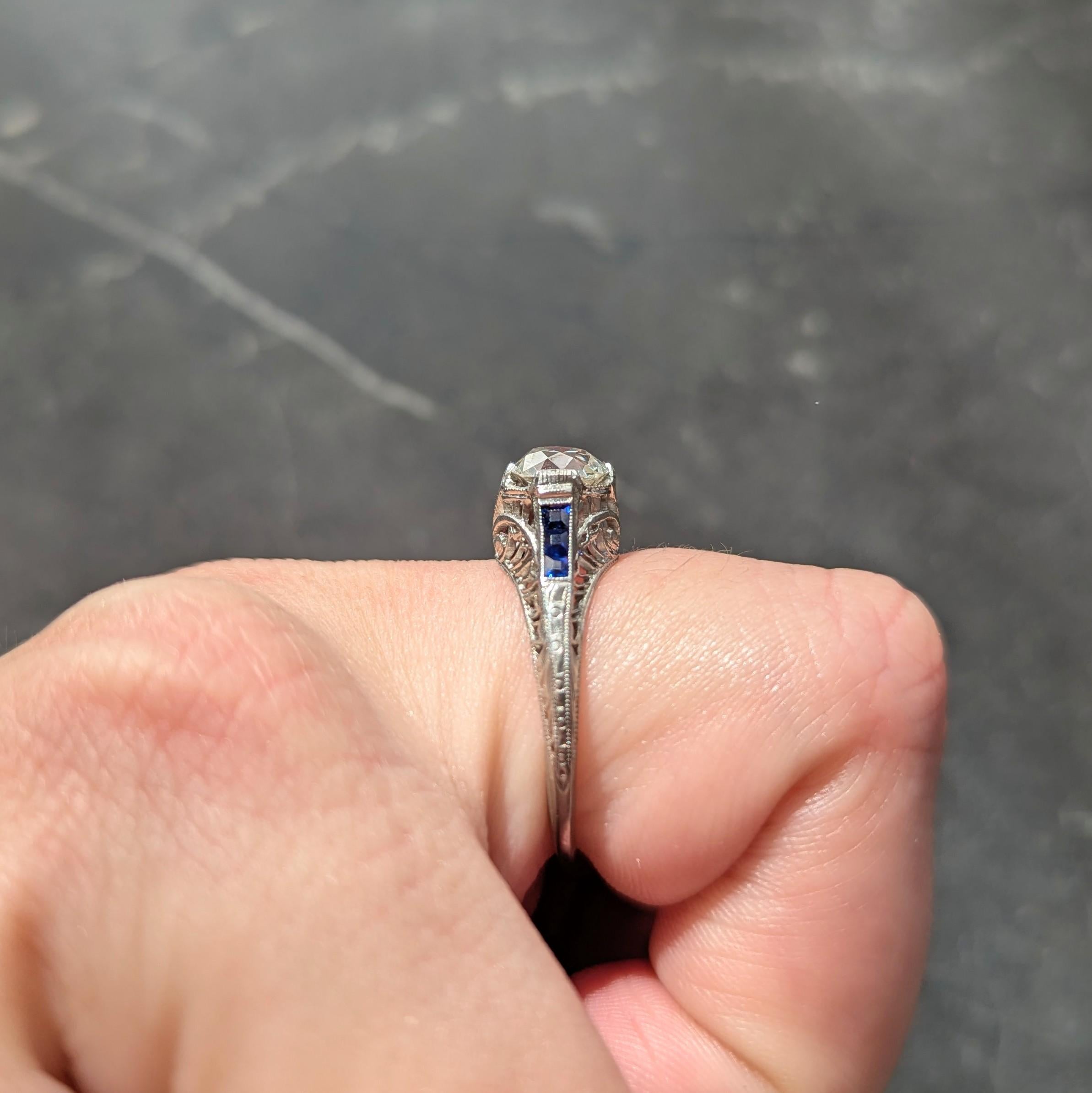 Art Deco 1.52 CTW Old Mine Cut Diamond Sapphire Platinum Vintage Engagement Ring