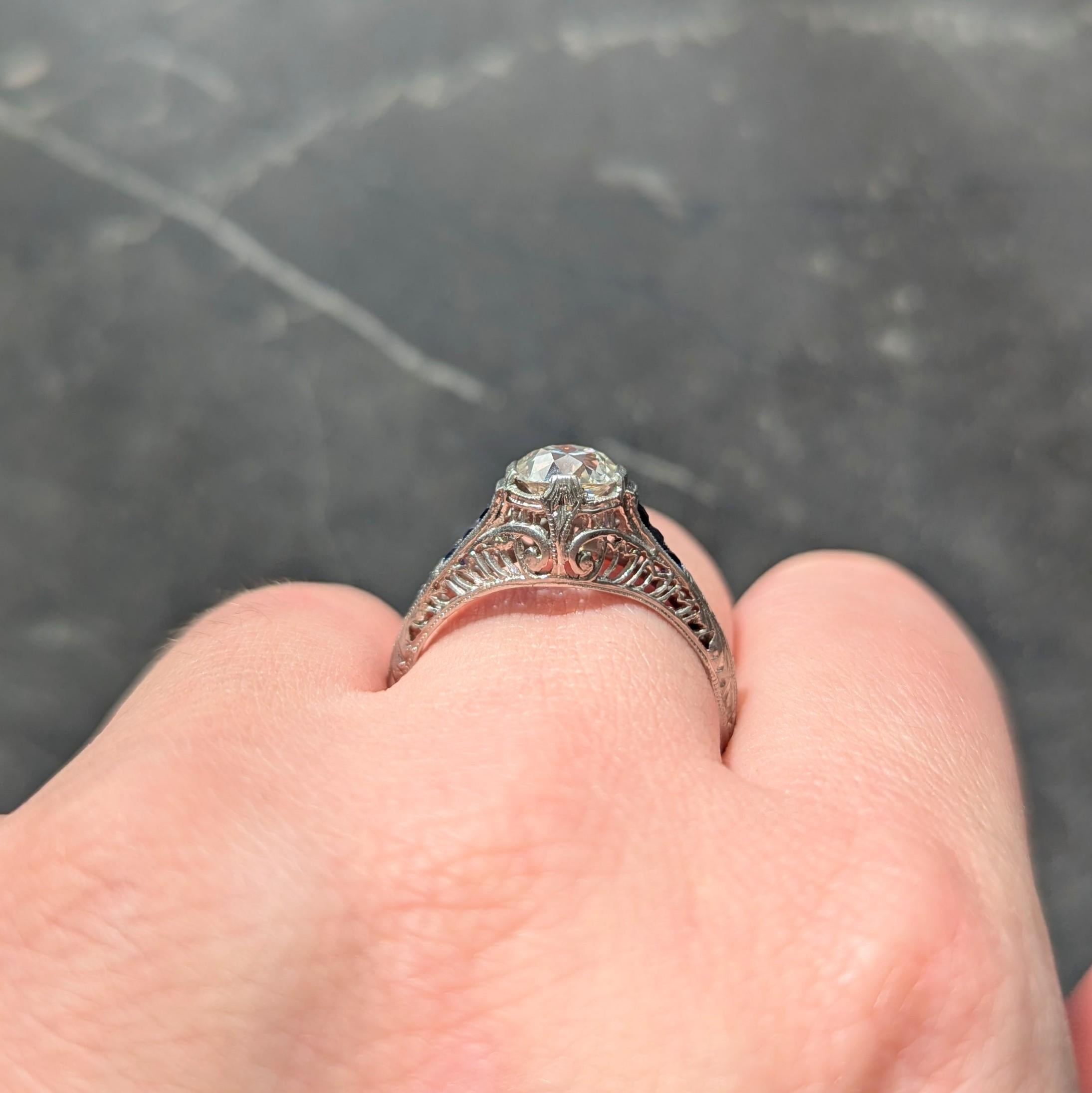 Art Deco 1.52 CTW Old Mine Cut Diamond Sapphire Platinum Vintage Engagement Ring