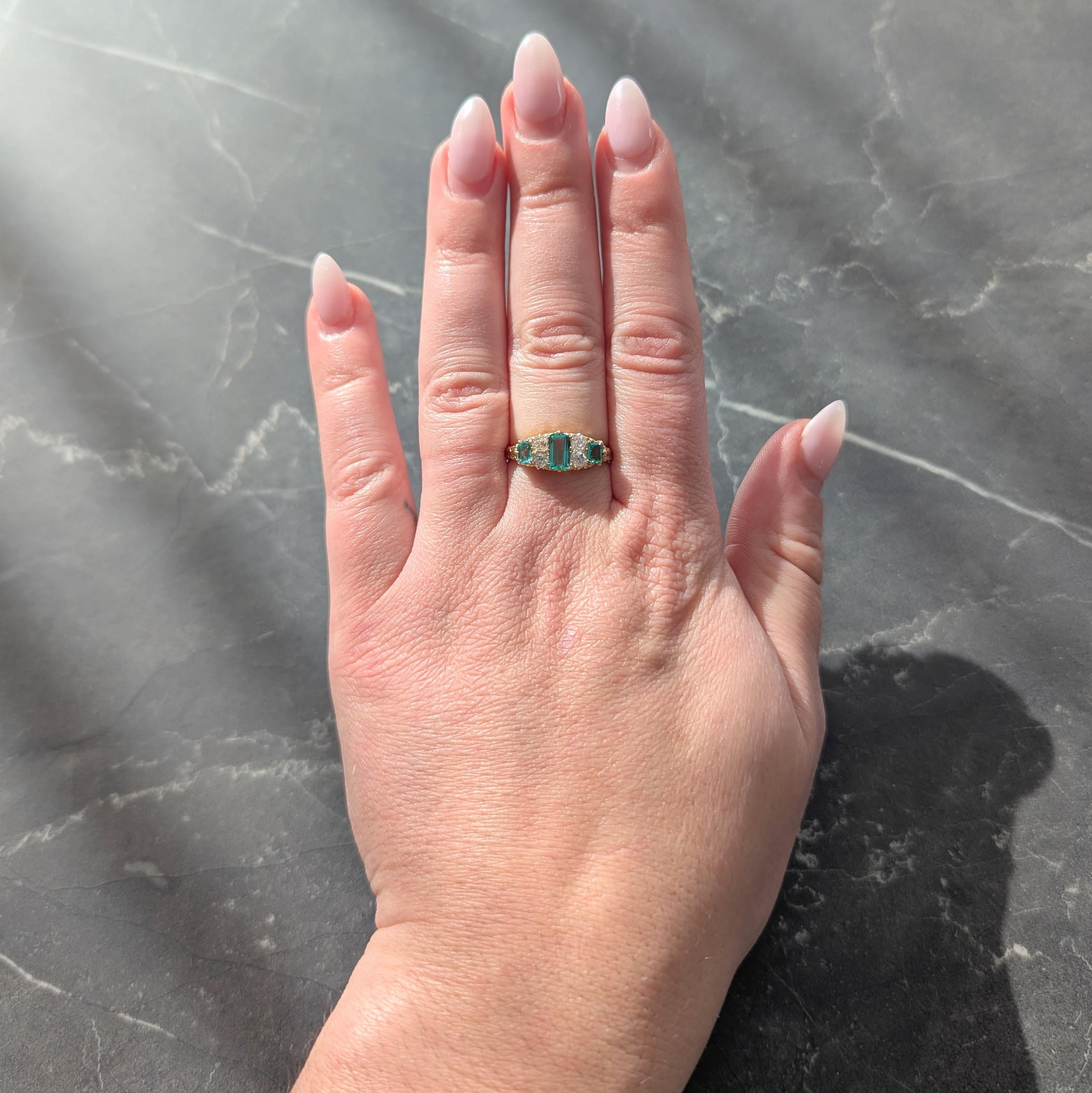 Victorian 1.16 CTW Emerald Diamond 18 Karat Yellow Gold Antique Scroll Band Ring