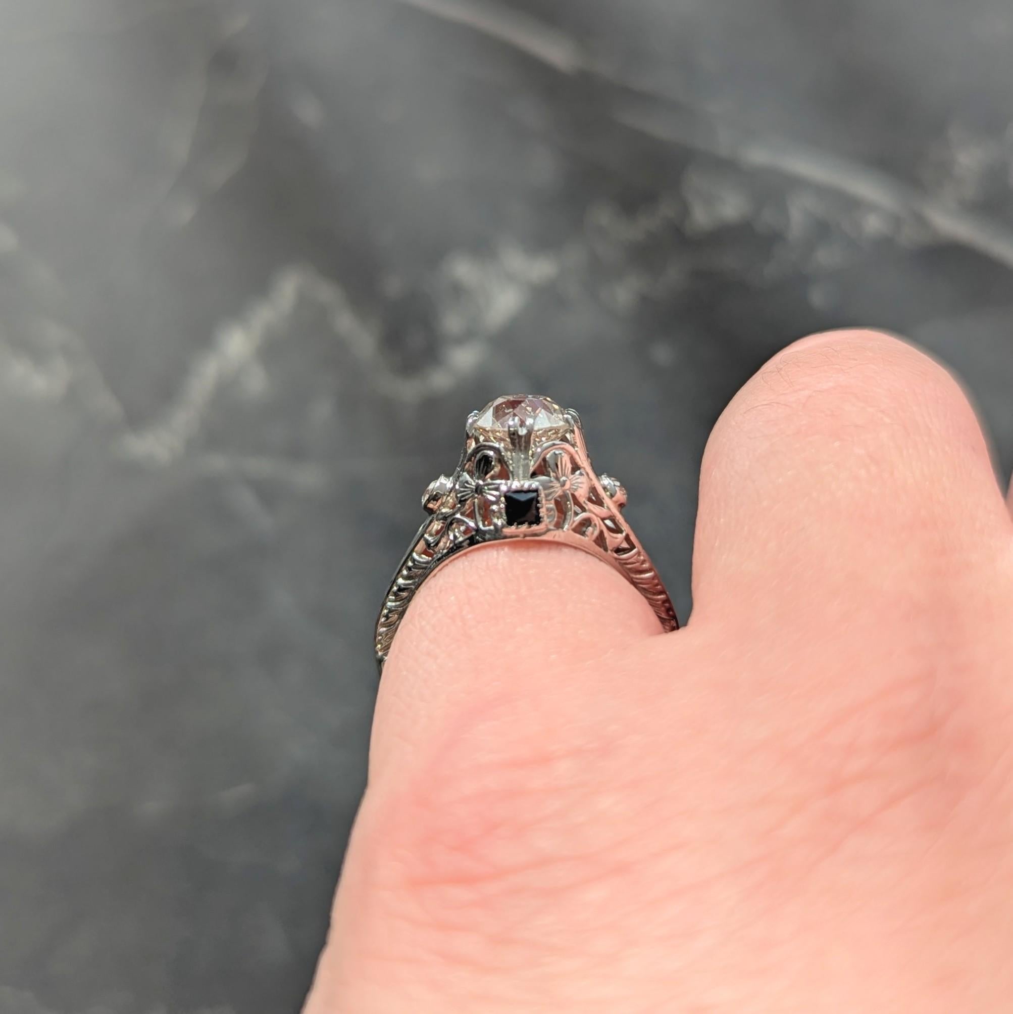 Art Deco Old European Diamond Sapphire 18K White Gold Vintage Engagement Ring