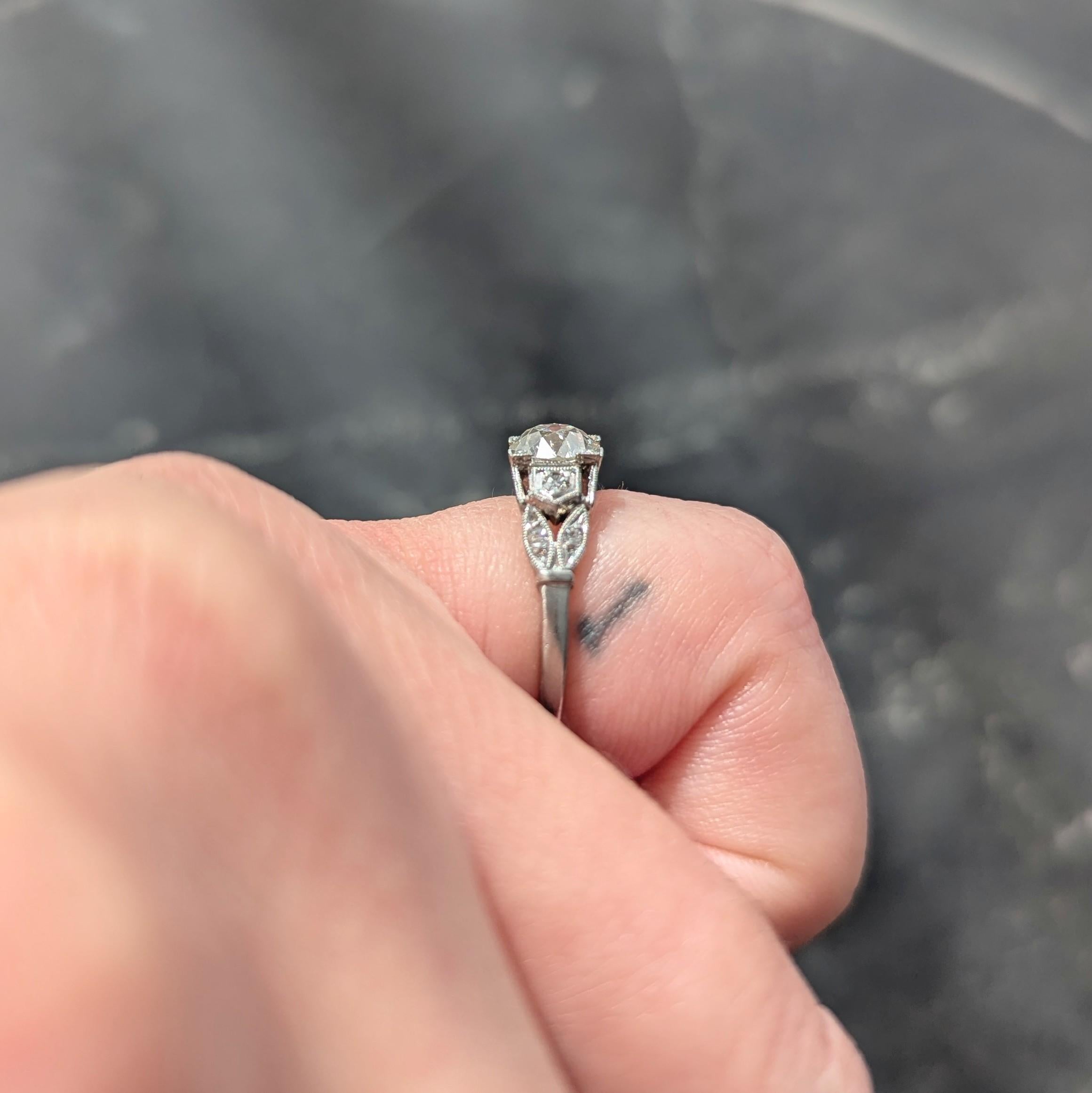 Art Deco 0.92 CTW Old European Diamond Platinum Vintage Lotus Engagement Ring