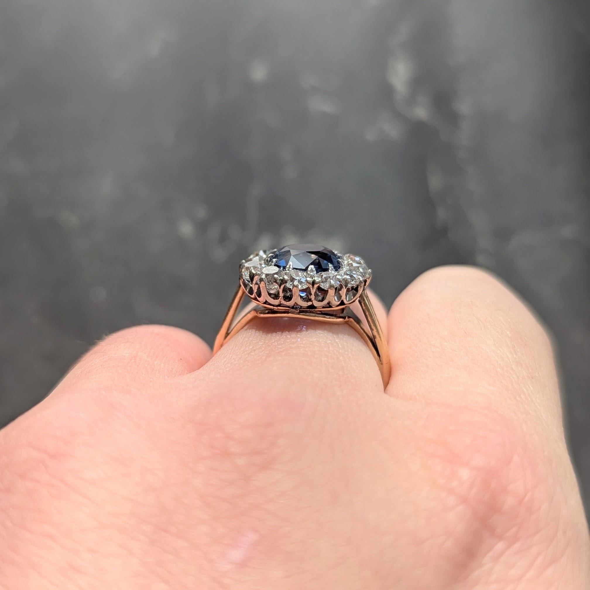 Frank Walter Lawrence No Heat Ceylon Sapphire Diamond 14K Gold Antique Halo Ring