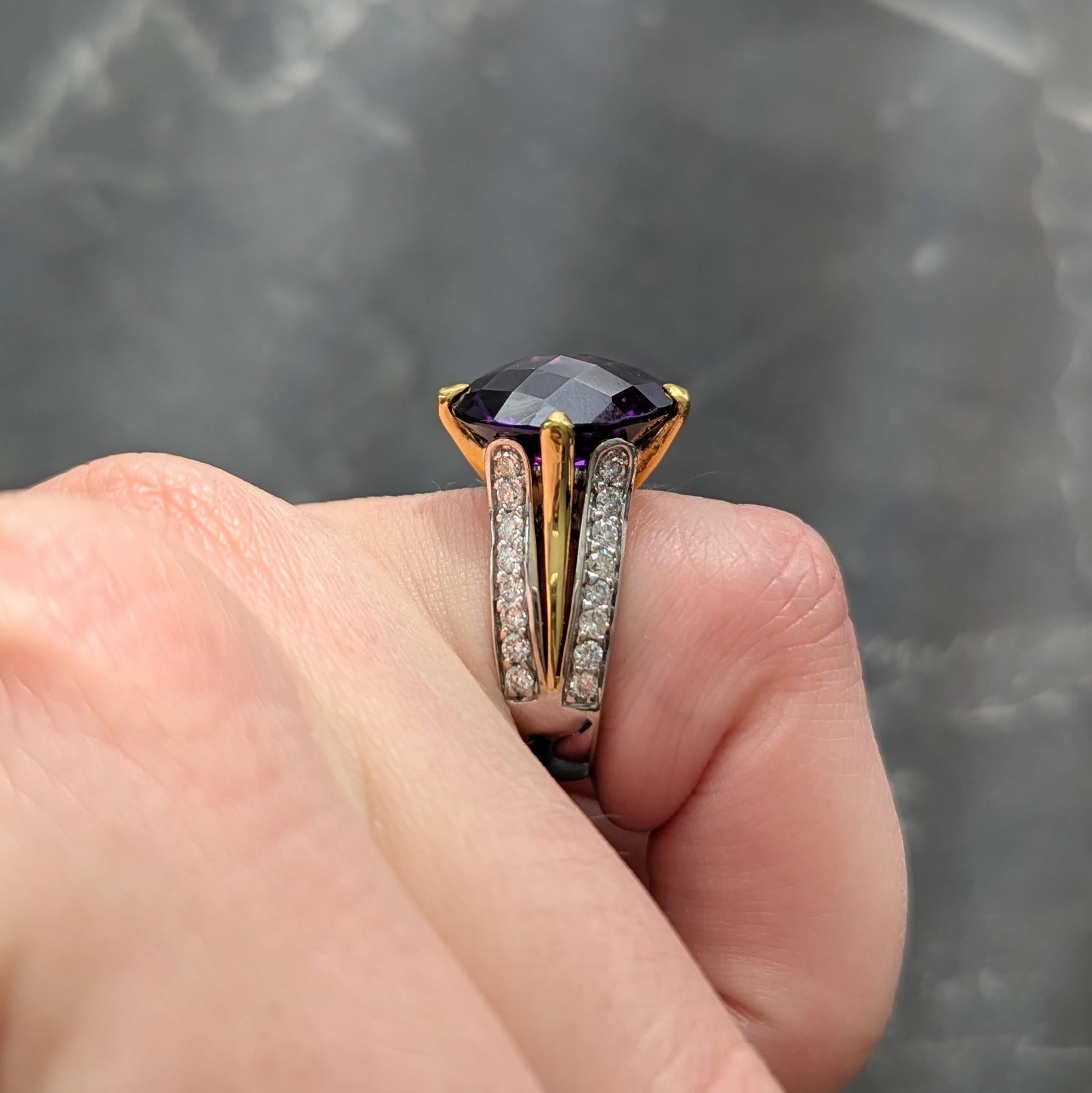 2000's Amethyst Diamond 18 Karat Two-Tone Gold Checkerboard Cocktail Ring