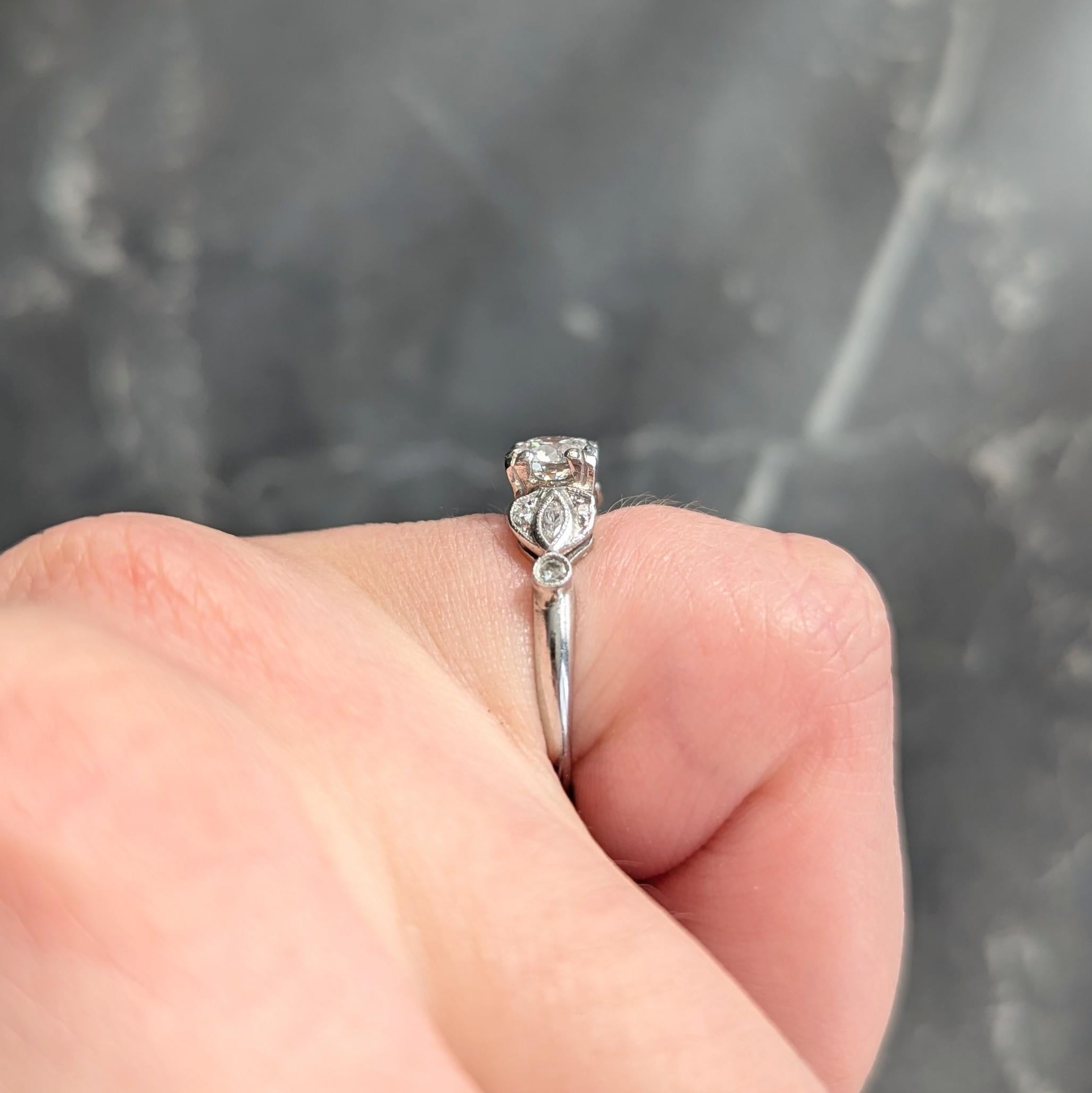 Late Art Deco Transitional Cut Diamond Platinum Vintage Lotus Engagement Ring