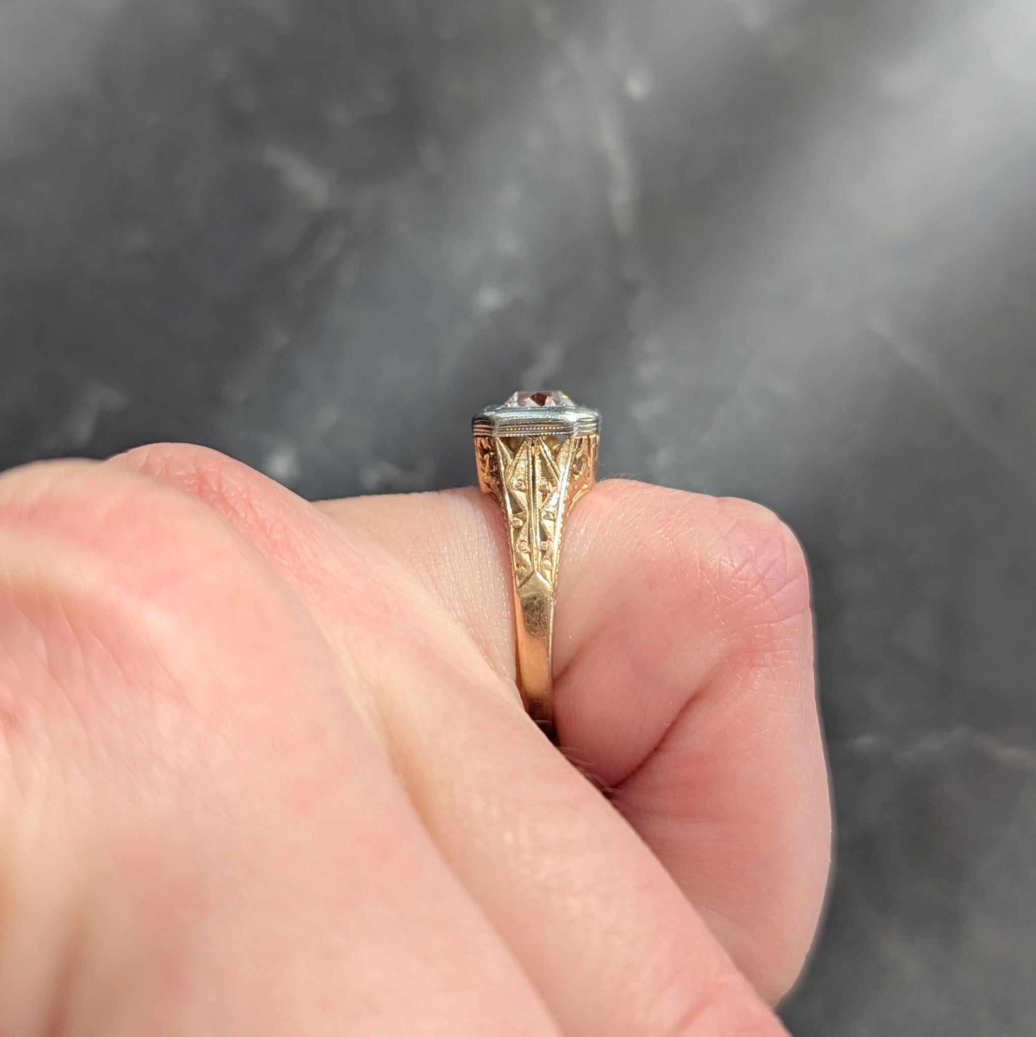 Art Deco Old European Cut Diamond 18K Gold Vintage Foliate Engagement Ring