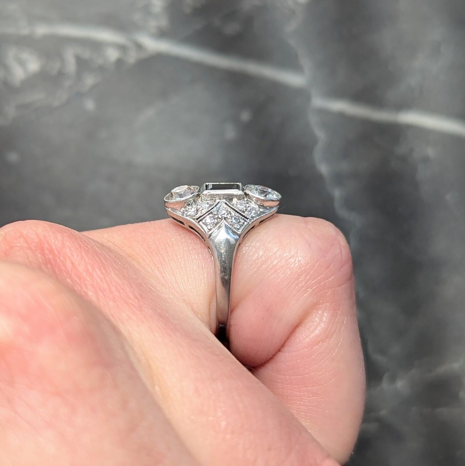 Art Deco 1.75 CTW Emerald Diamond Platinum Vintage Navette Dinner Ring