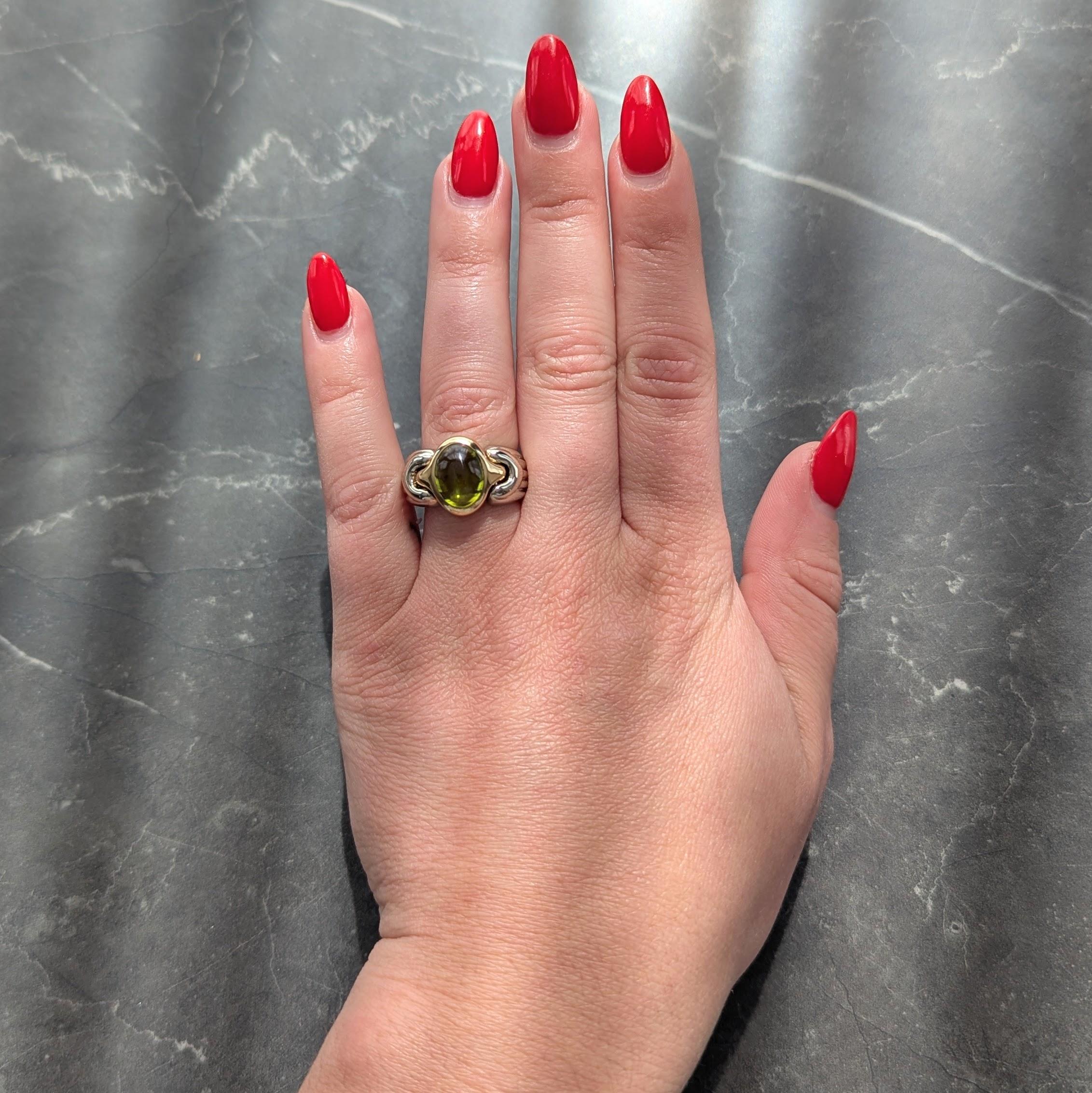 Bulgari 1990's Peridot 18 Karat Two-Tone Yellow White Gold Vintage Cabochon Ring