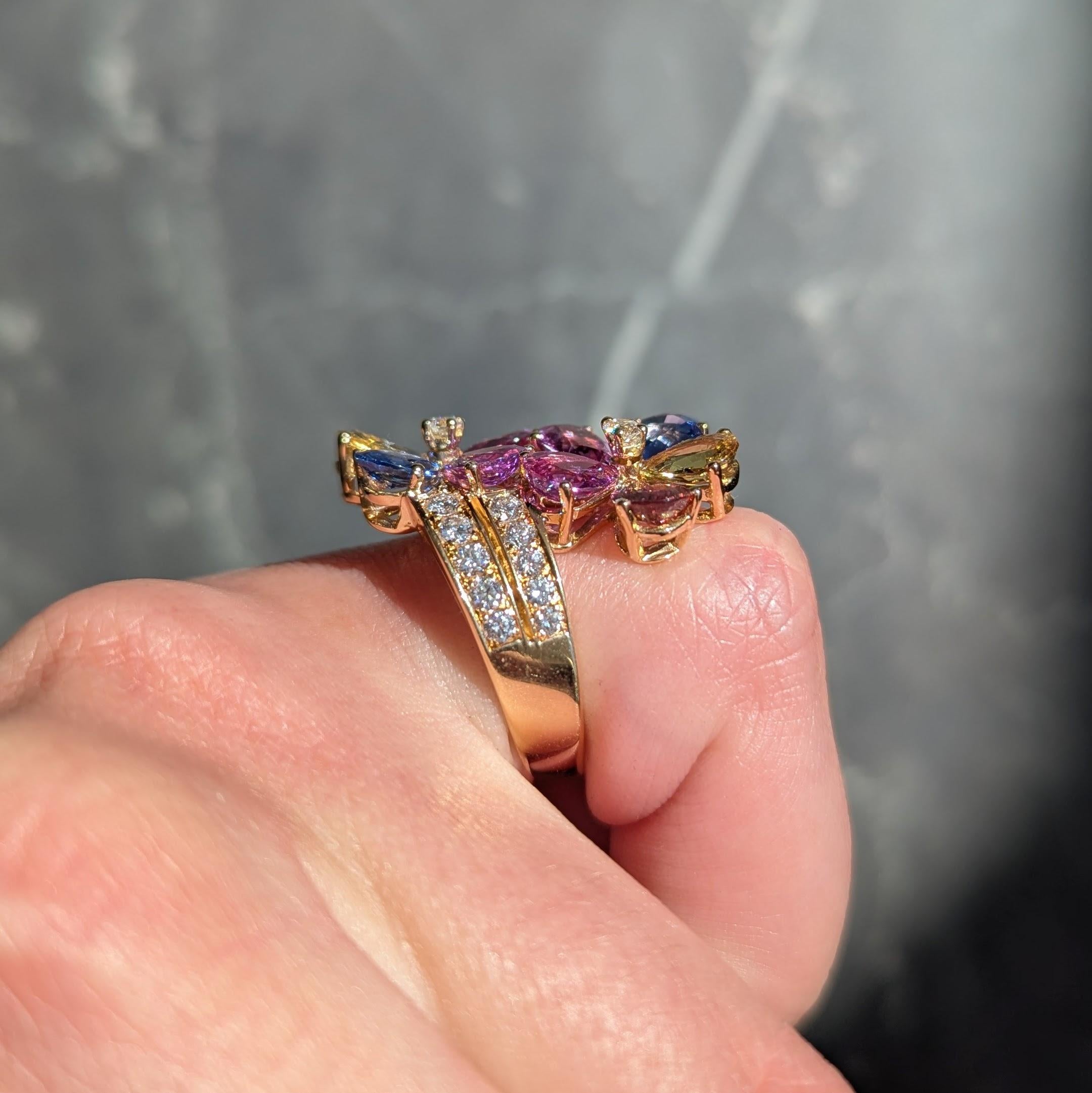 Bulgari 17.26 CTW Diamond Sapphire Flower 18K Yellow Gold Floral Bypass Ring