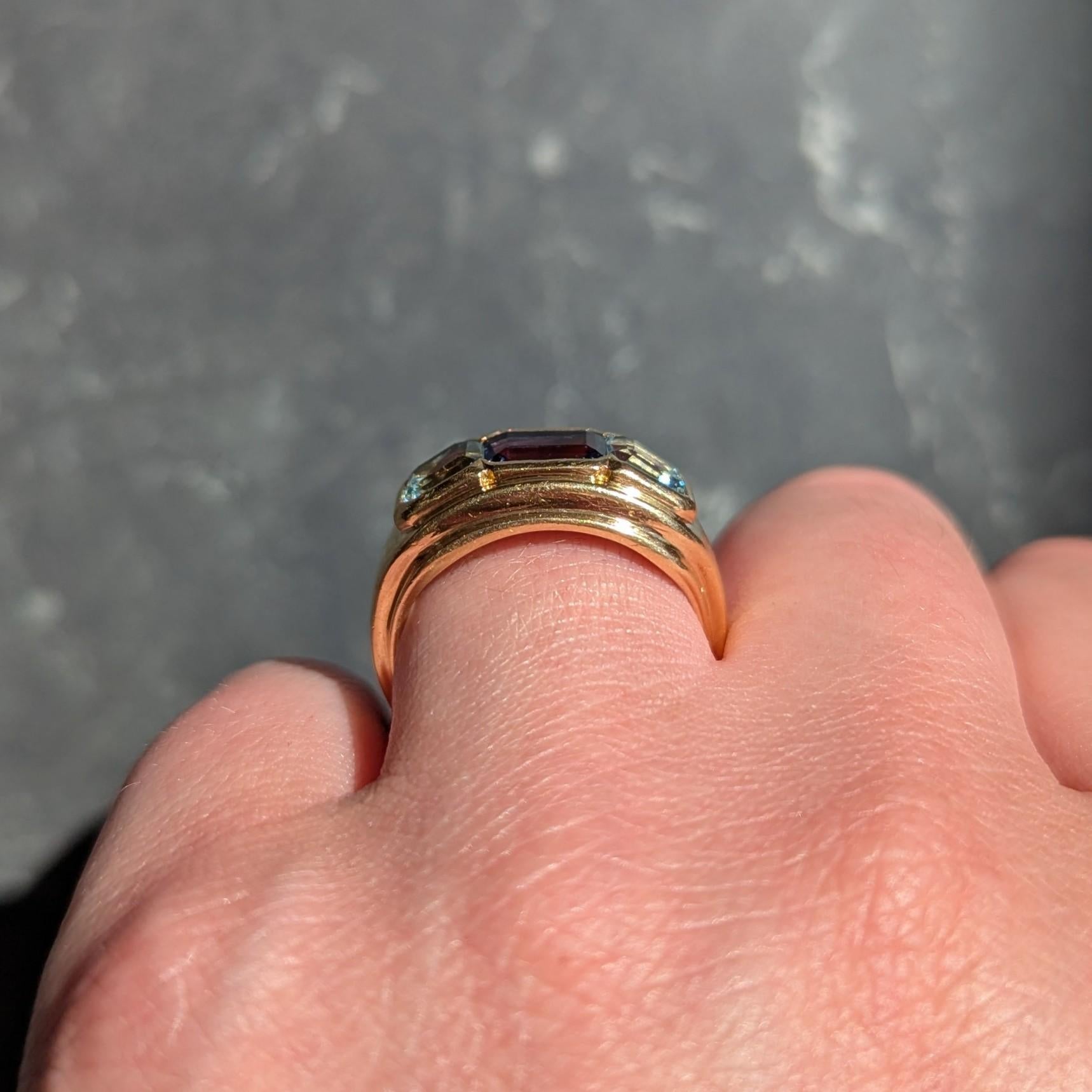 Bulgari 1990's Iolite Aquamarine 18 Karat Yellow Gold Vintage Three Stone Ring