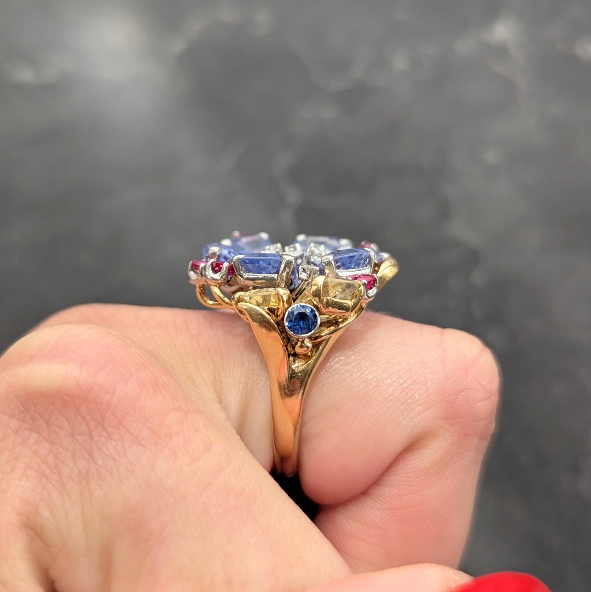 Tiffany & Co. 1940s Retro Sapphire Diamond 18K Gold Vintage Floral Cocktail Ring