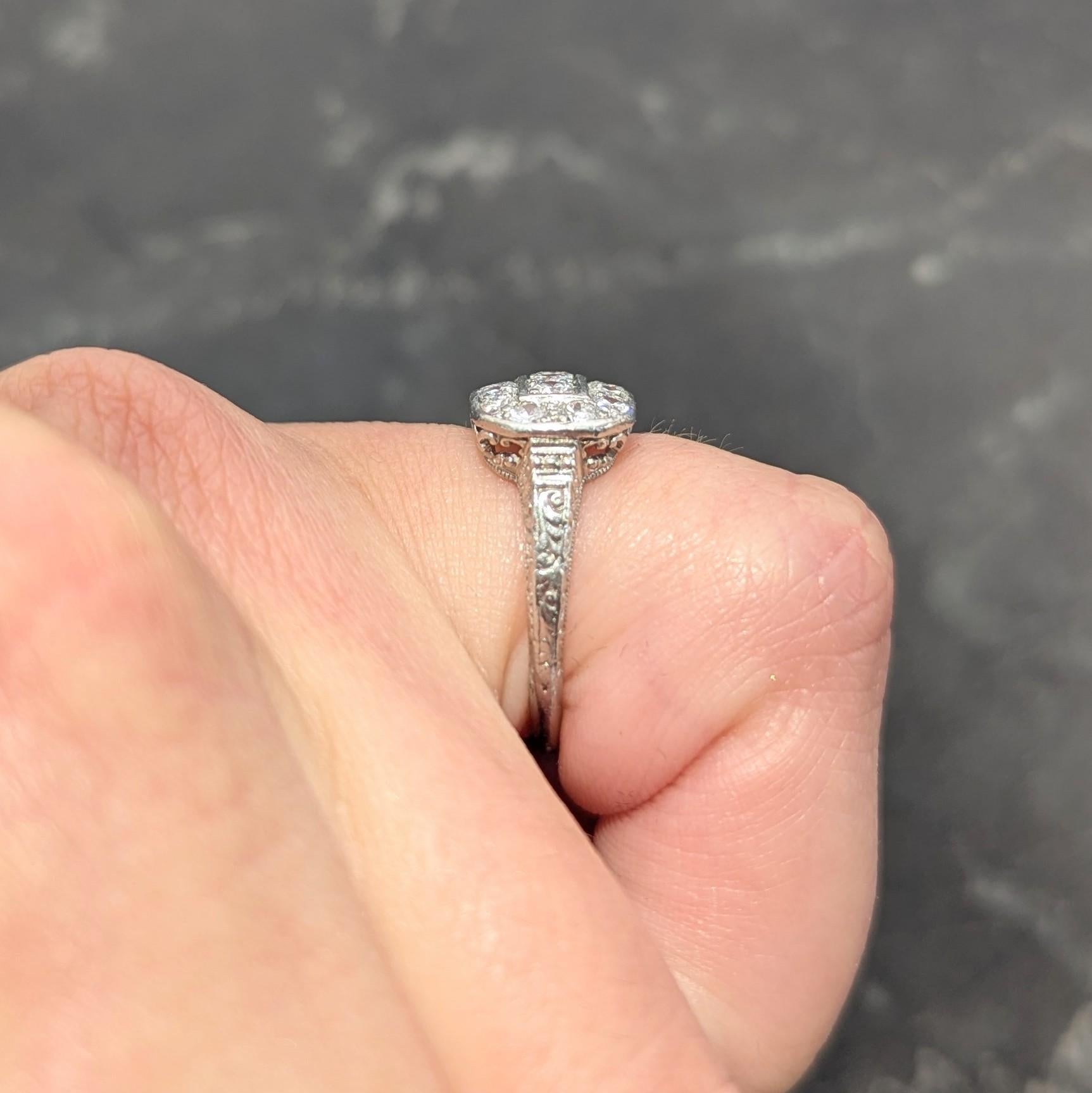 Art Deco Transitional Cut Diamond Platinum Vintage Scrolling Cluster Ring