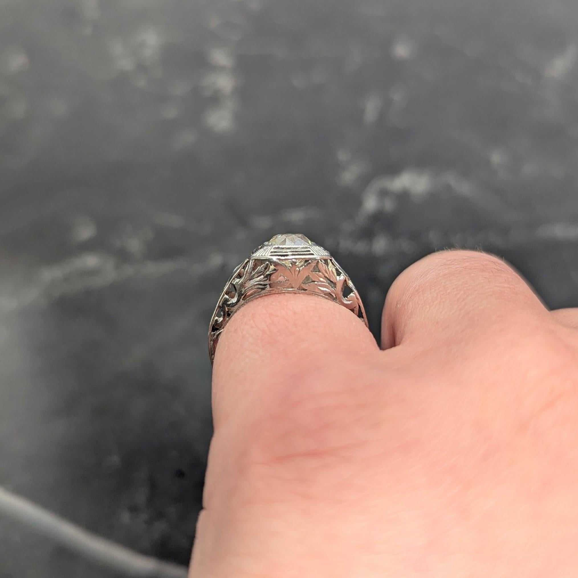 Art Deco 0.87 CTW Old Mine Cut Diamond Platinum Lotus Vintage Engagement Ring