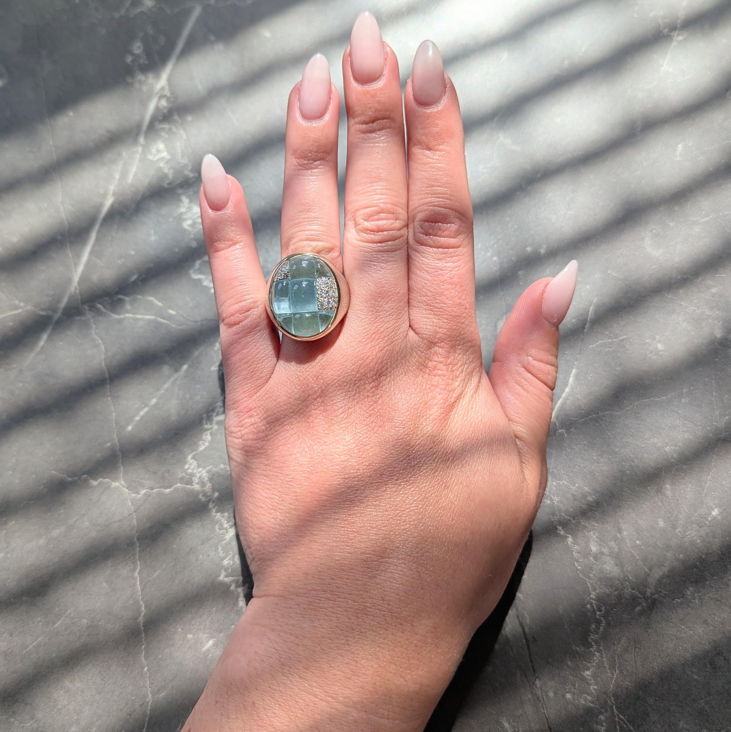 Pomellato 2000's Aquamarine Diamond 18 Karat White Gold Mosaique Statement Ring