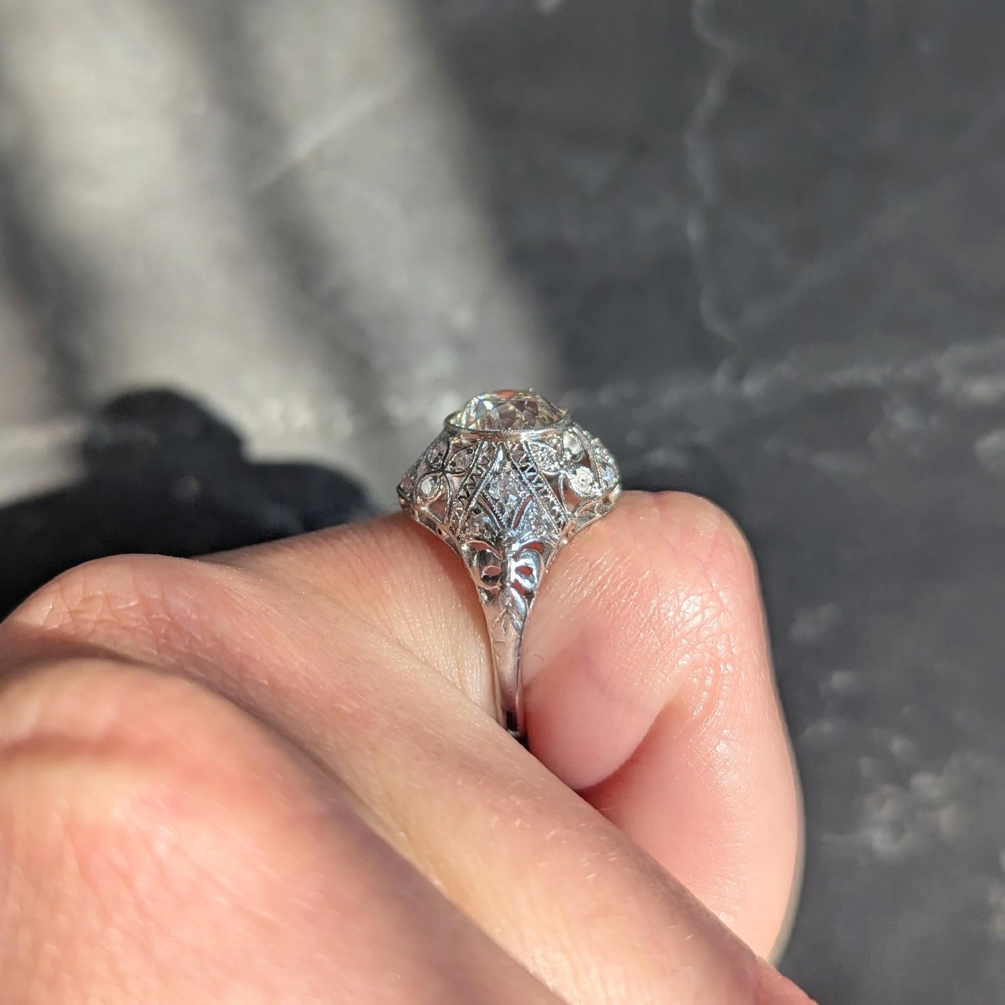Belle Epoqué 3.20 CTW Diamond Platinum Antique Foliate Bow Engagement Ring GIA