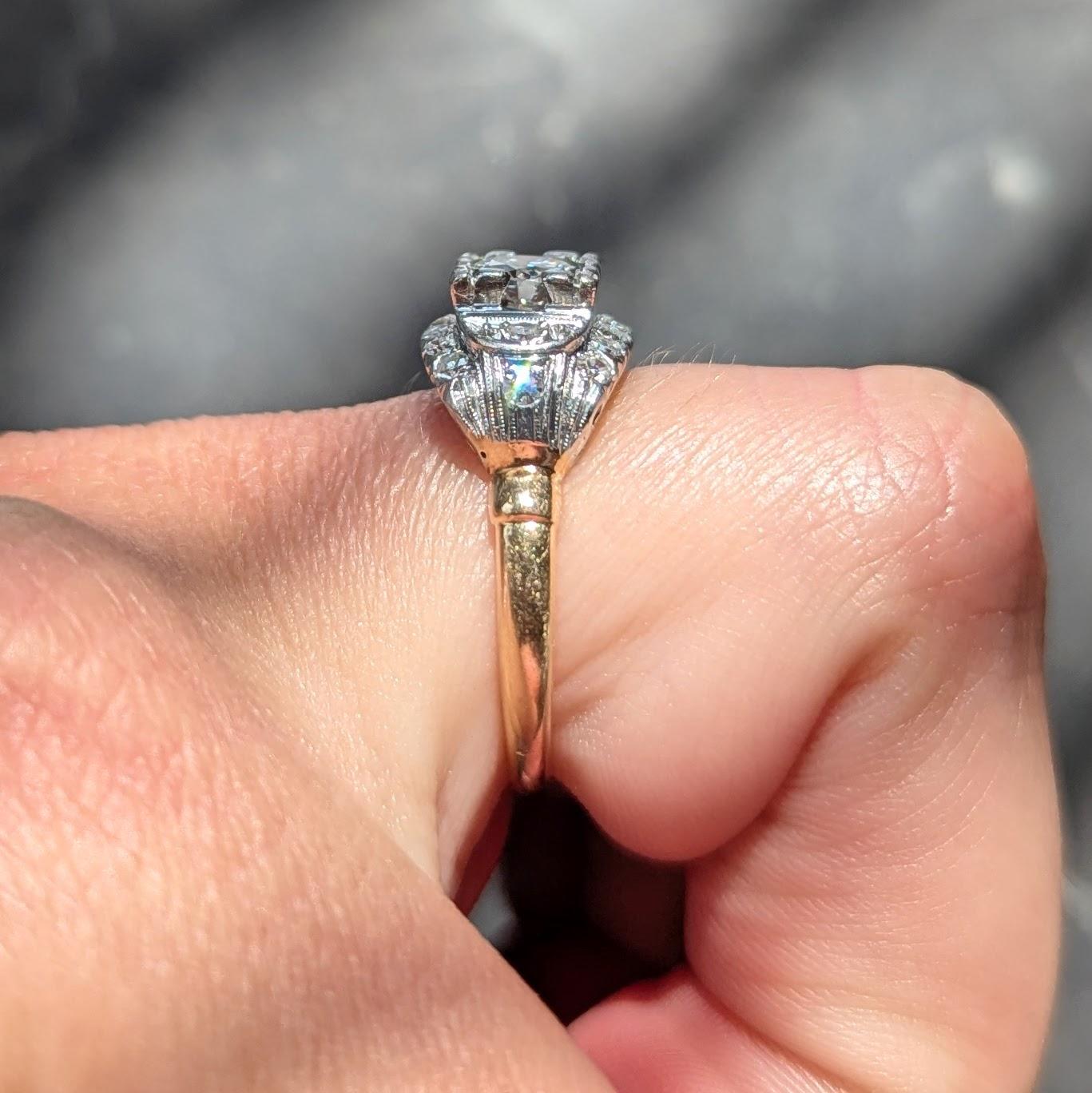 Retro European Diamond 18K Yellow Gold Platinum Vintage Fishtail Engagement Ring