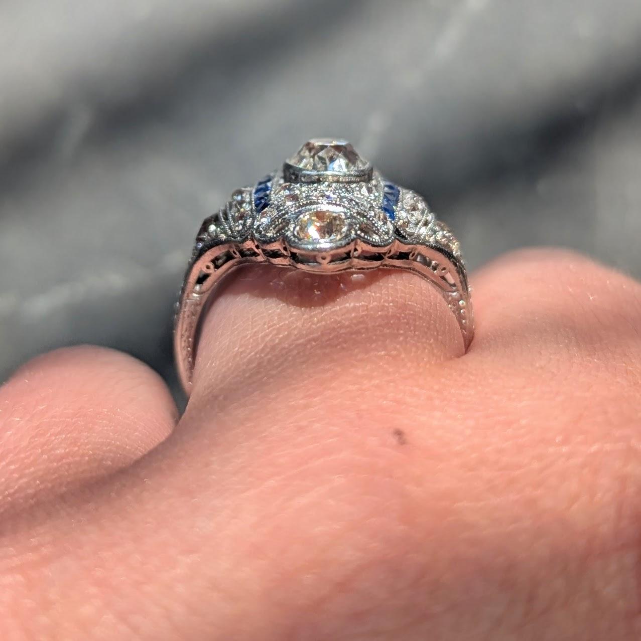 Art Deco 2.33 CTW Diamond Sapphire Platinum Vintage Foliate Navette Dinner Ring