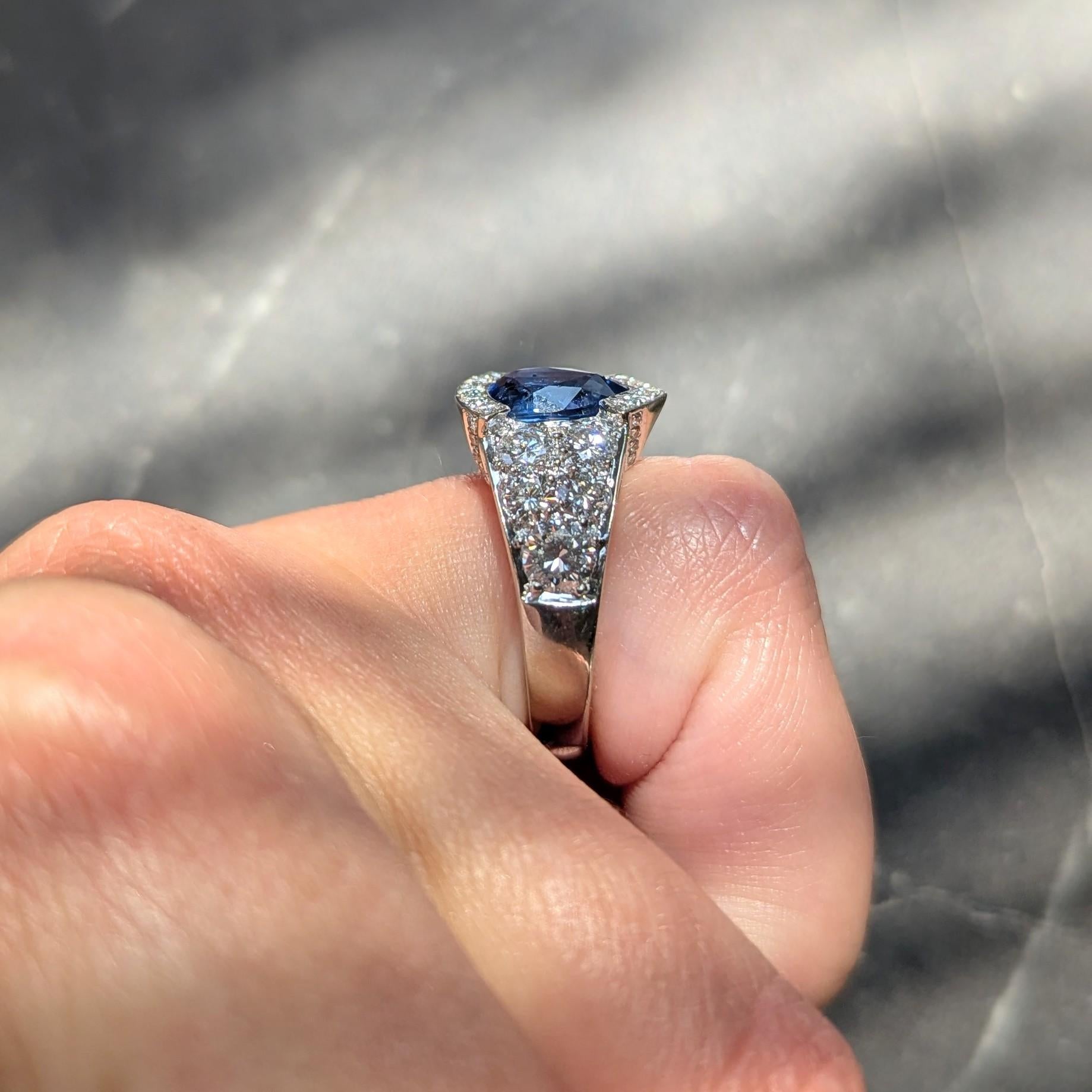 French 2000's 4.50 CTW Sapphire Diamond 18K White Gold Contemporary Cluster Ring
