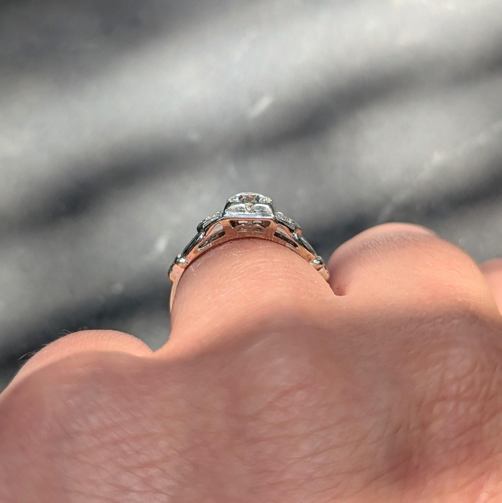 Art Deco Old European Cut Diamond 18K White Gold Vintage Foliate Engagement Ring