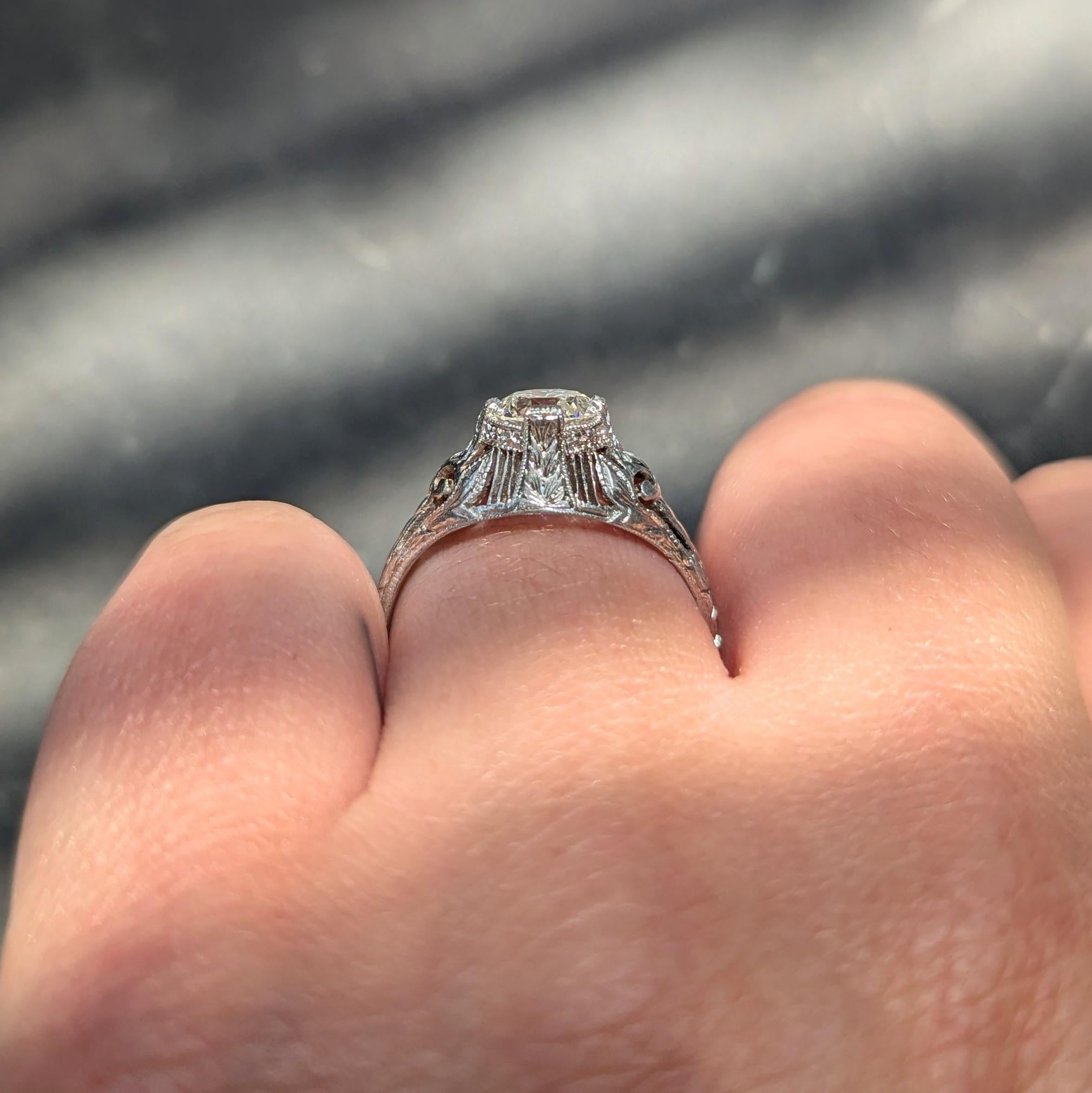 Art Deco Old European Diamond Platinum Vintage Scrolling Wheat Engagement Ring