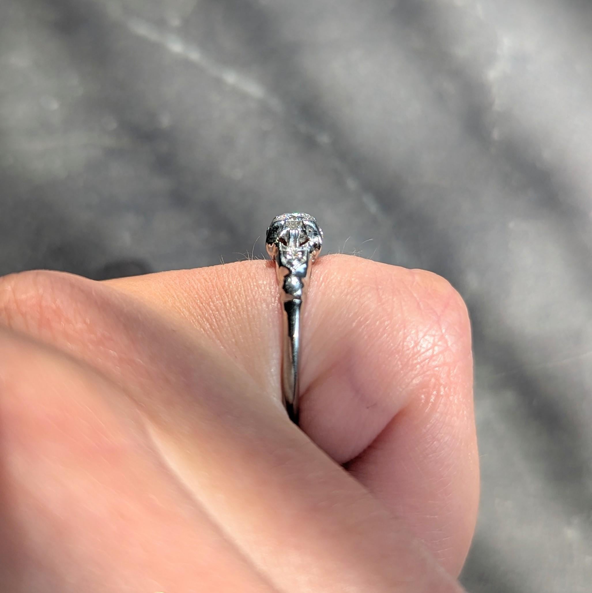 Retro Old European Diamond 18 Karat White Gold Vintage Buckle Engagement Ring