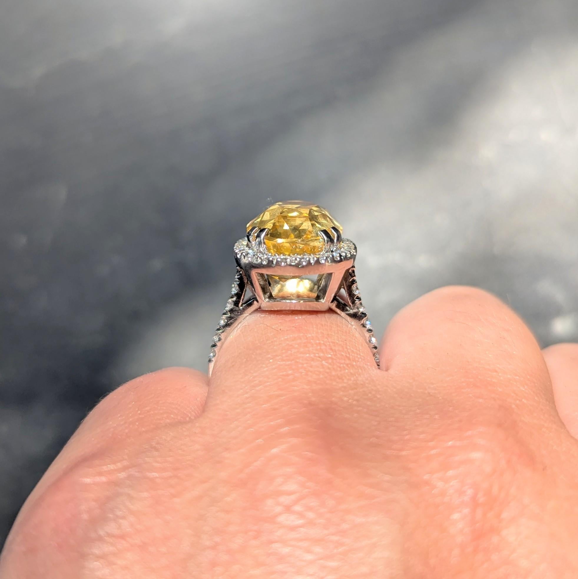 Contemporary No Heat Yellow Ceylon Sapphire Diamond Platinum Halo Ring GIA