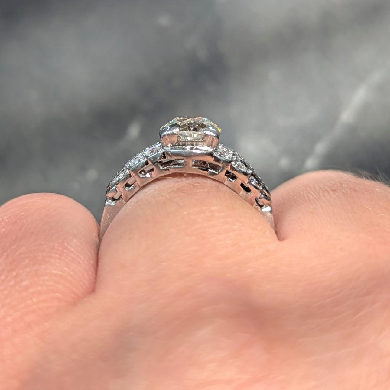 Art Deco Old European Diamond Platinum Square Stepped Vintage Engagement Ring