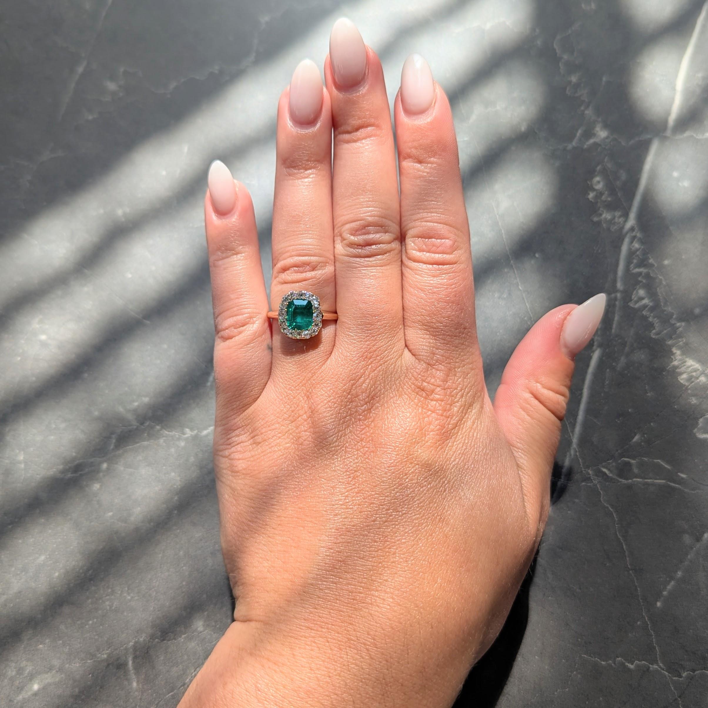 Victorian 2.51 CTW Colombian Emerald Diamond 14K Gold Antique Halo Ring GIA