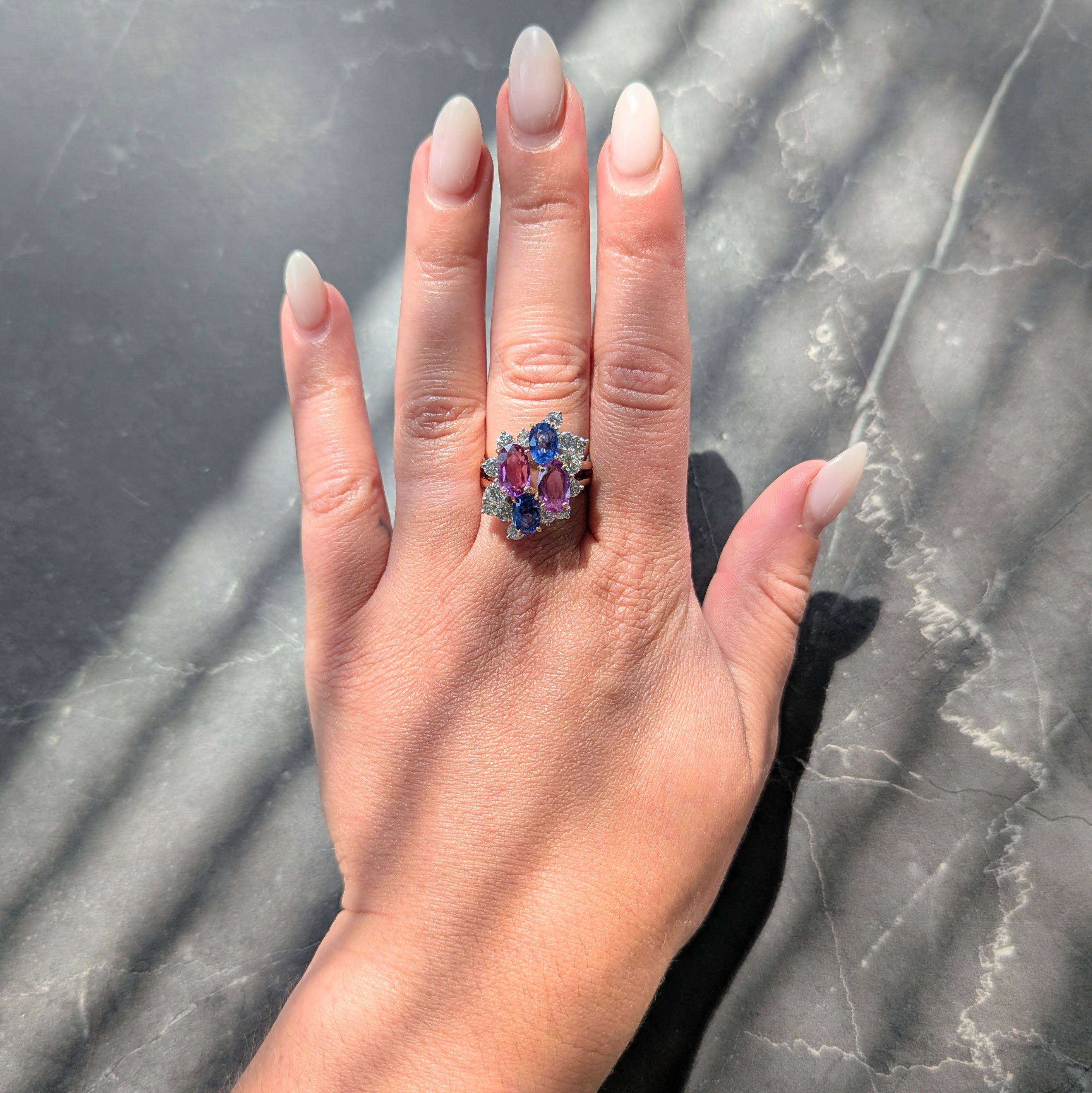Oscar Heyman 1980's Sapphire Diamond 18K Gold Platinum Vintage Cluster Ring