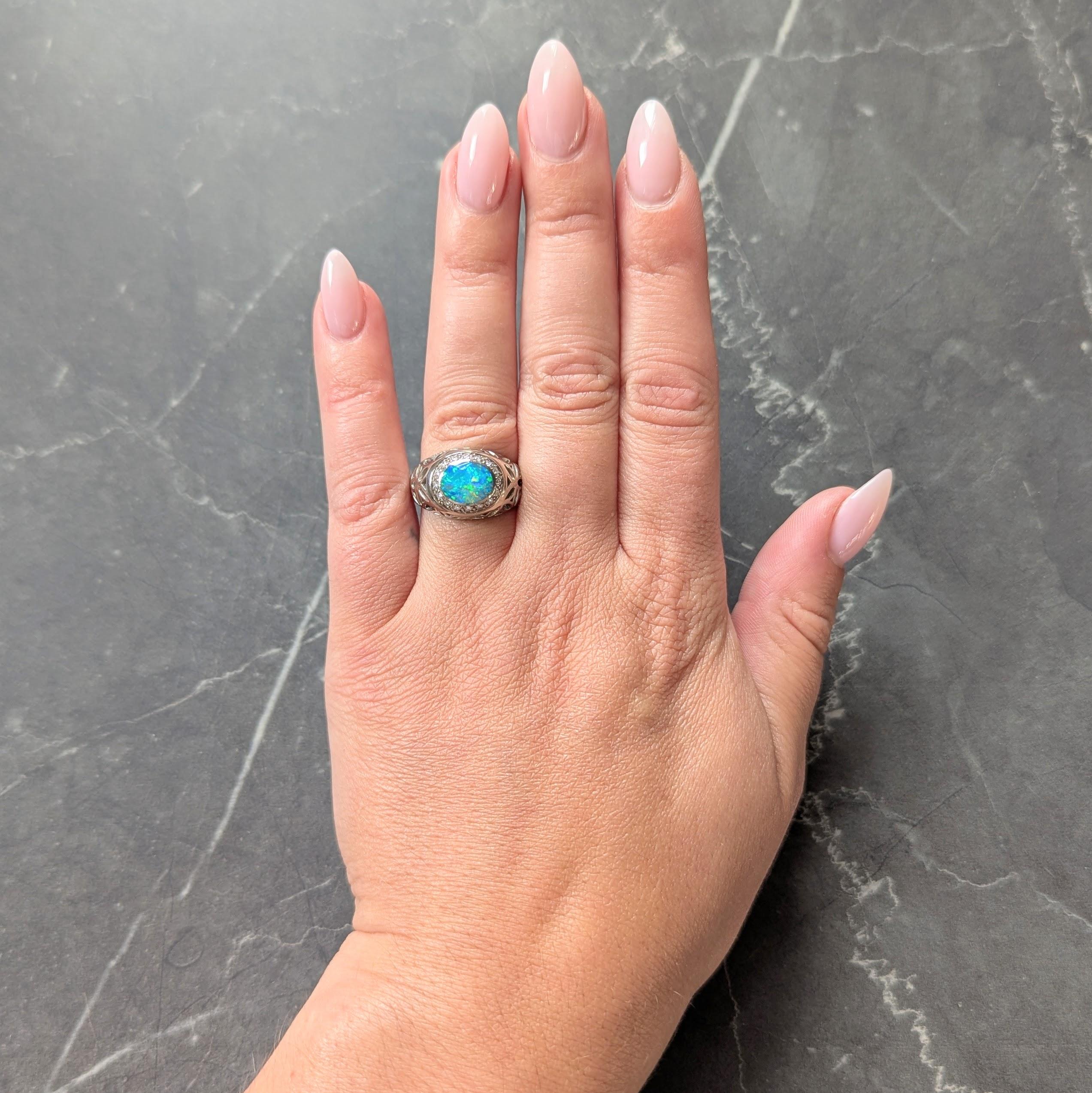 B & H 2000's Opal Diamond 18 Karat Two-Tone Gold Contemporary Foliate Halo Ring