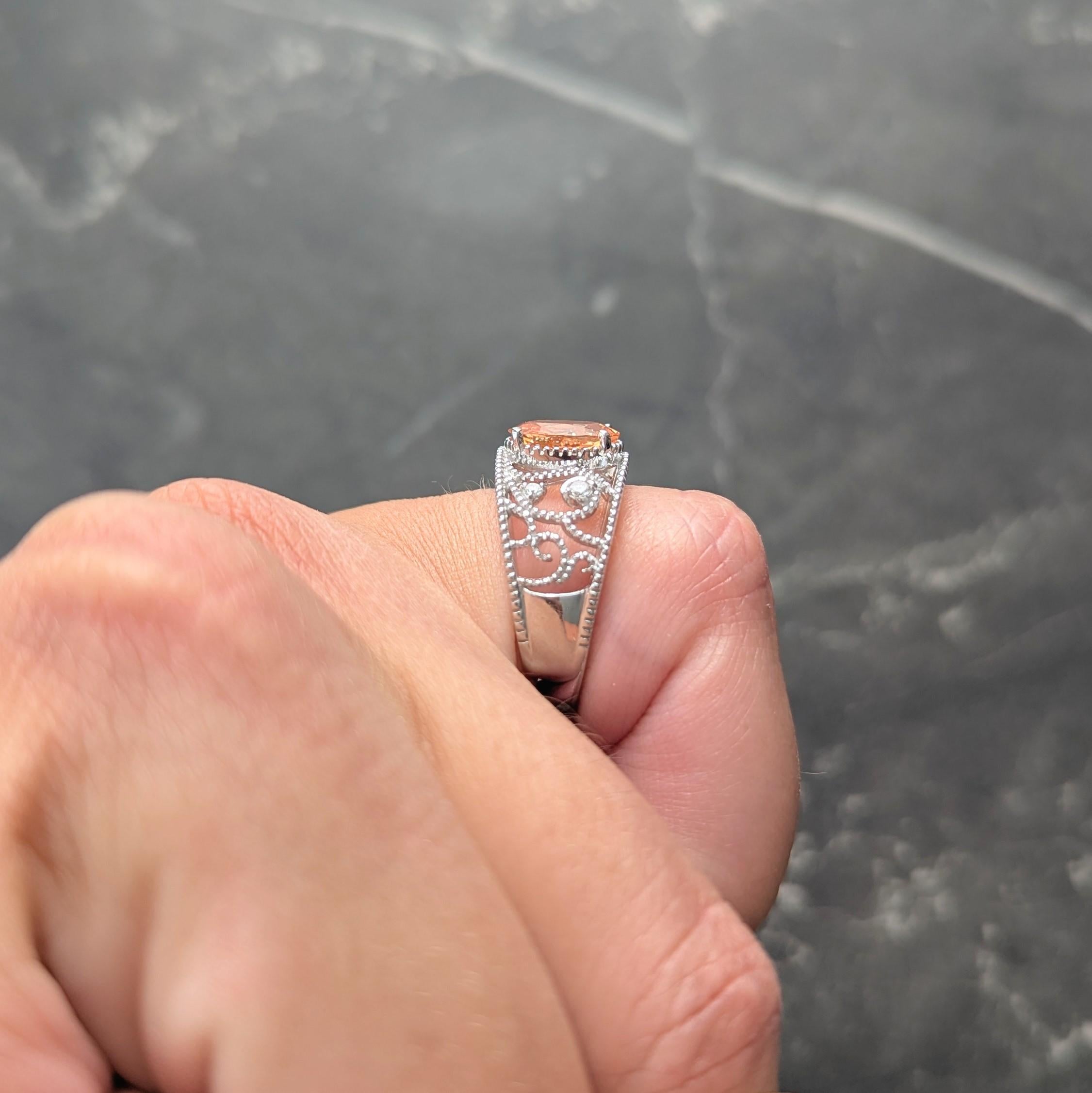 2010's No Heat Ceylon Orange Sapphire 18 Karat White Gold Scrolling Ring GIA