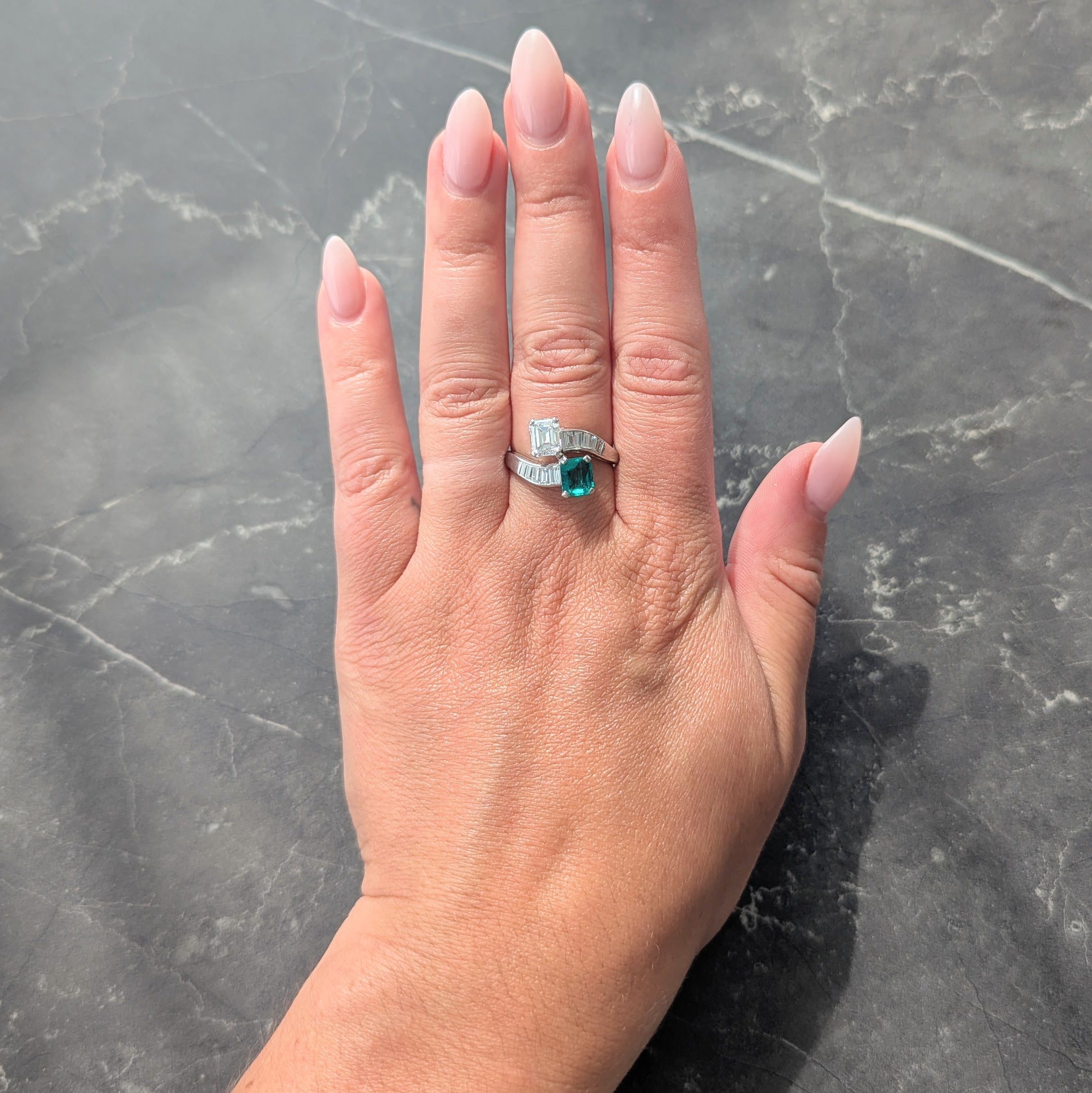 1980's Emerald Diamond Platinum Vintage Toi-Et-Moi Bypass Engagement Ring