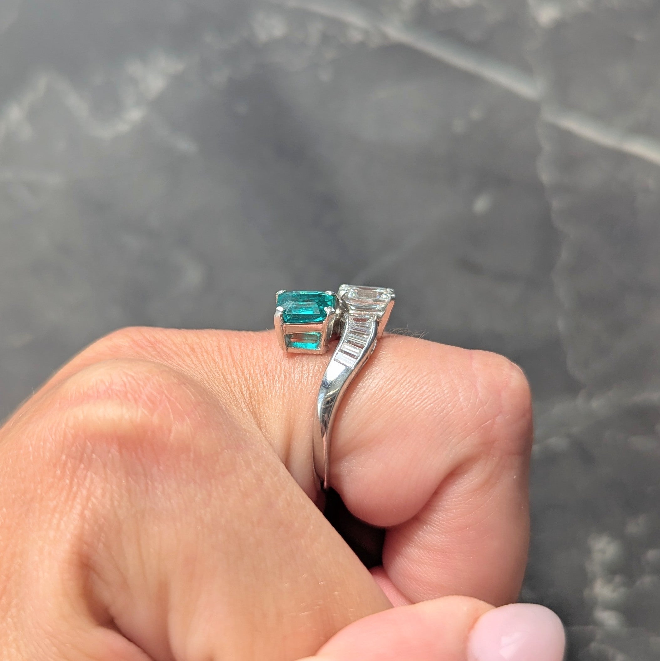 1980's Emerald Diamond Platinum Vintage Toi-Et-Moi Bypass Engagement Ring