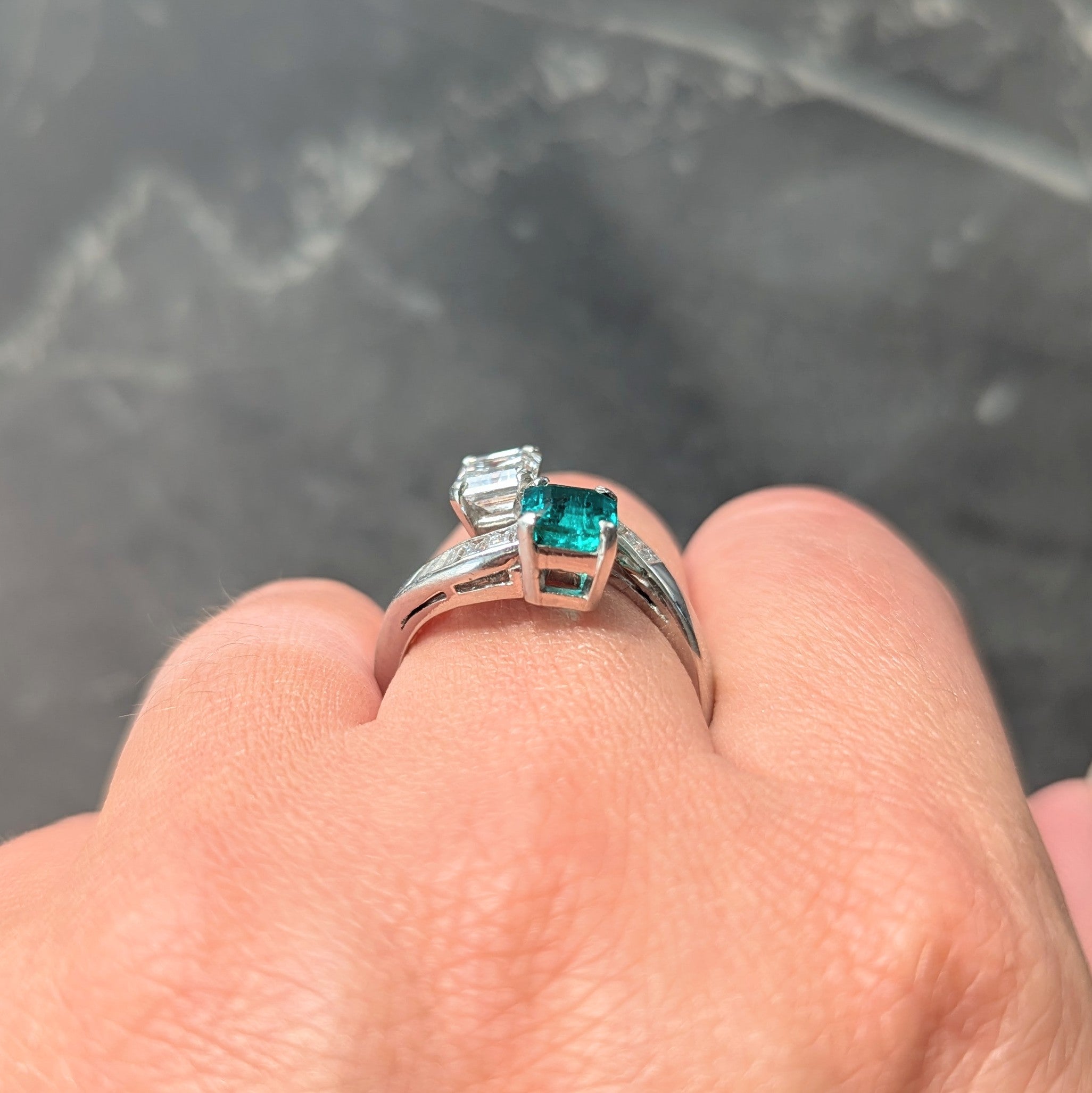 1980's Emerald Diamond Platinum Vintage Toi-Et-Moi Bypass Engagement Ring