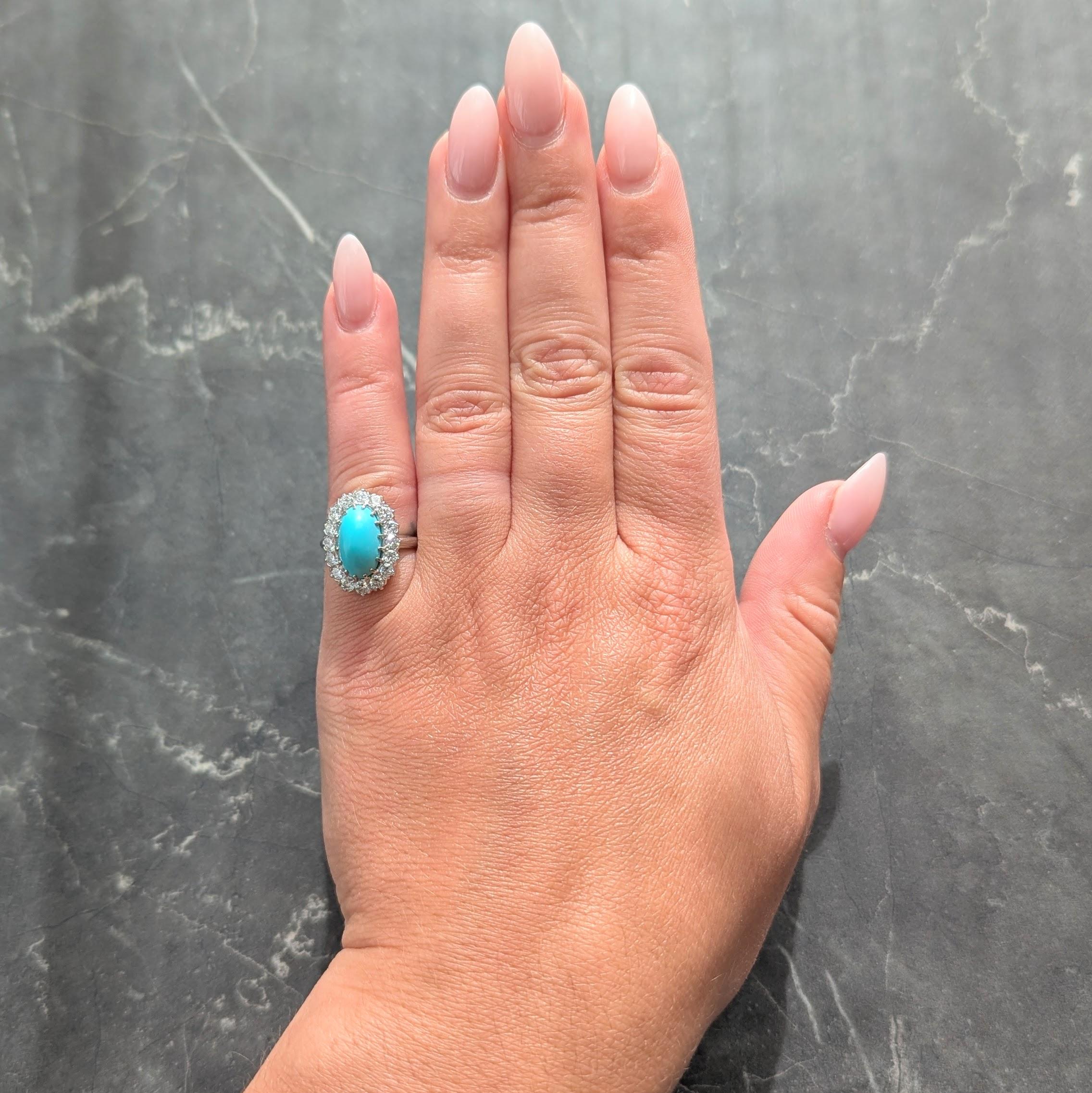 Art Deco 1.12 CTW Turquoise Cabochon Diamond Platinum Vintage Halo Ring