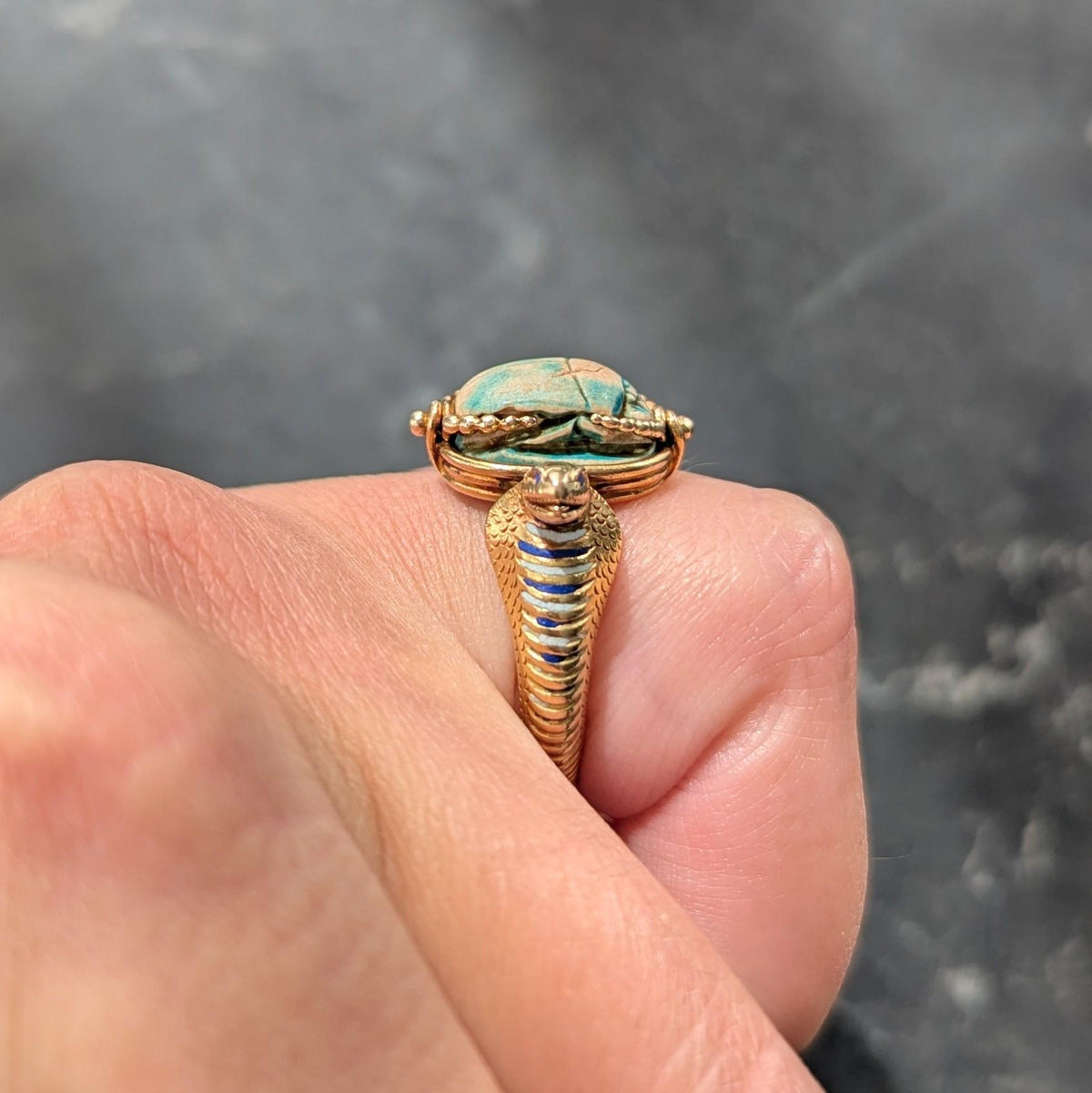 Early Art Deco Egyptian Revival Hardstone Enamel 18K Antique Scarab Snake Ring