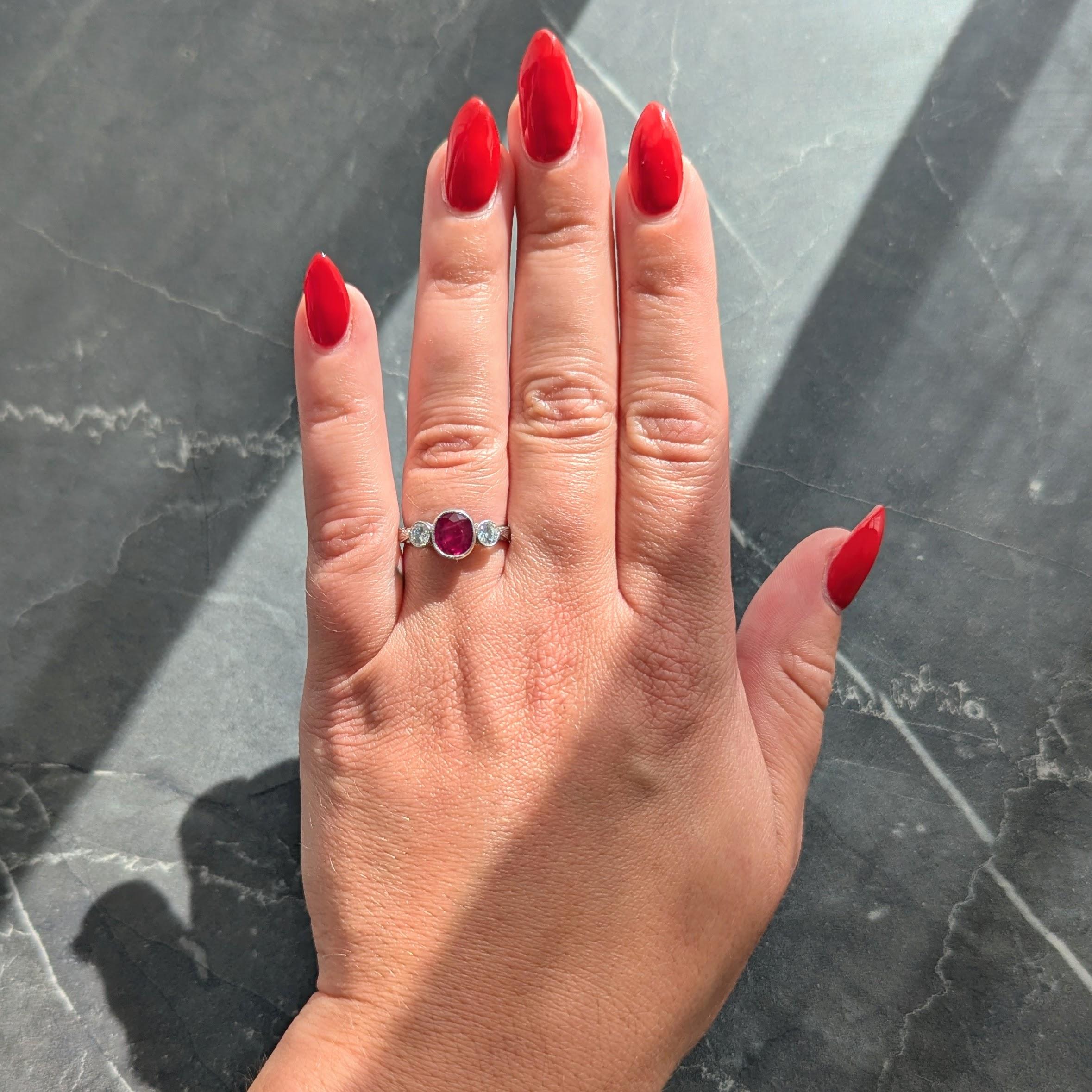 Contemporary 1.53 CTW Ruby Diamond Platinum Three Stone Ring