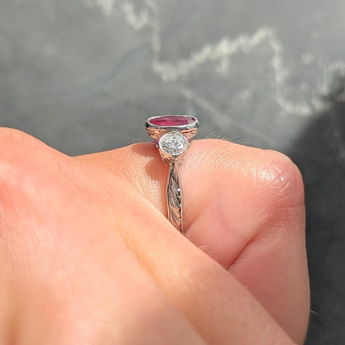 Contemporary 1.53 CTW Ruby Diamond Platinum Three Stone Ring