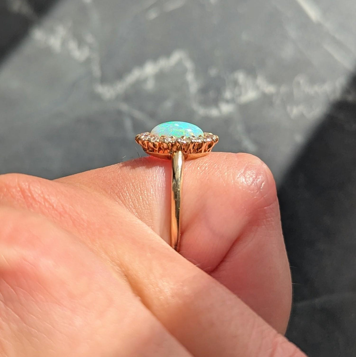 Edwardian Opal Diamond 14 Karat Yellow Gold Antique Halo Ring