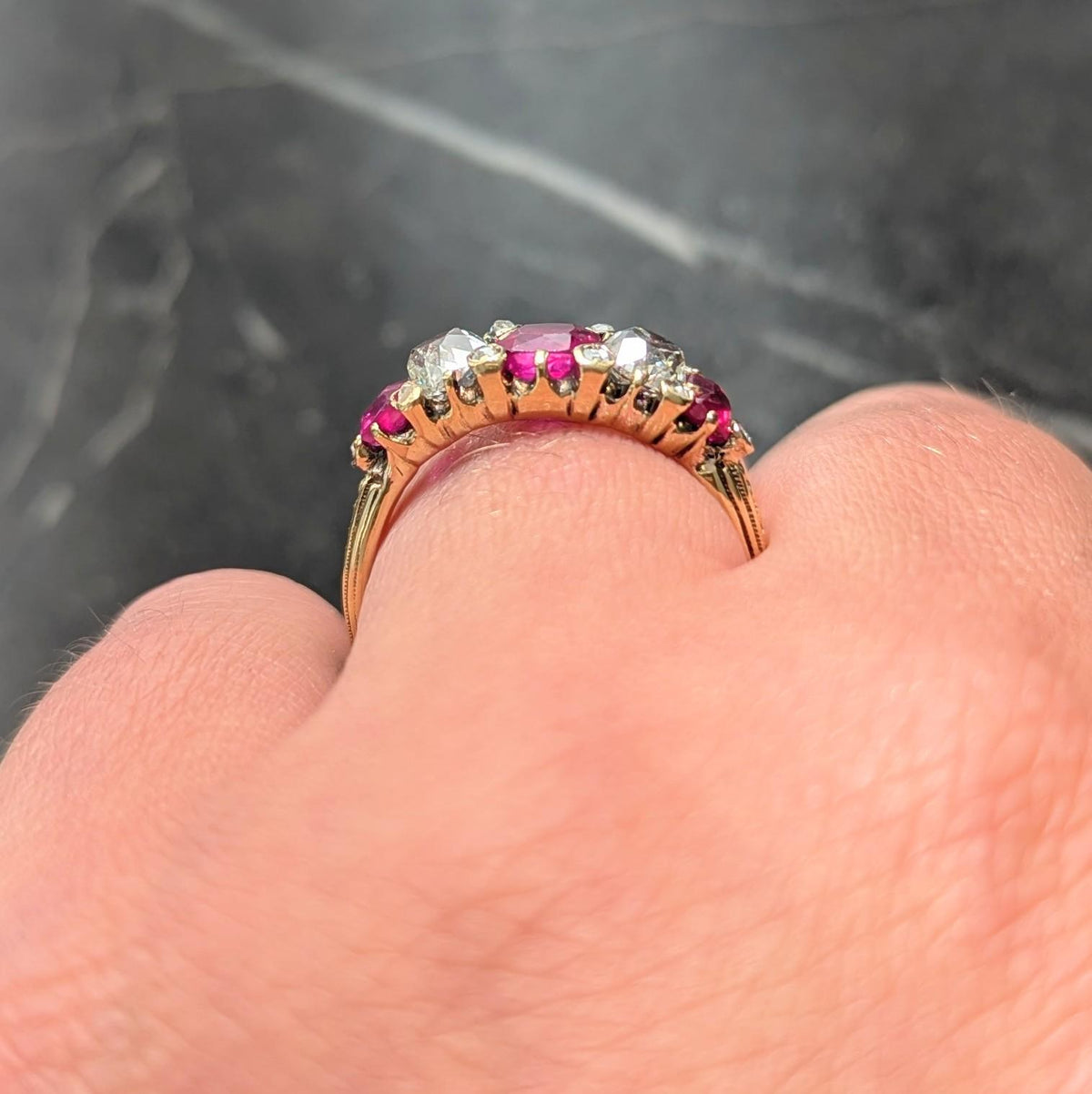 Victorian No Heat Burma Ruby Old Mine Cut Diamond 18K Gold Band Ring GIA